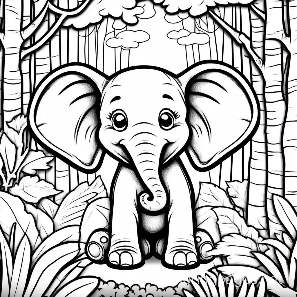Cute silly elephant baby in a forest, Coloring Page, black and white, line art, white background, Simplicity, Ample White Space. The background of the coloring page is plain white to make it easy for young children to color within the lines. The outlines of all the subjects are easy to distinguish, making it simple for kids to color without too much difficulty