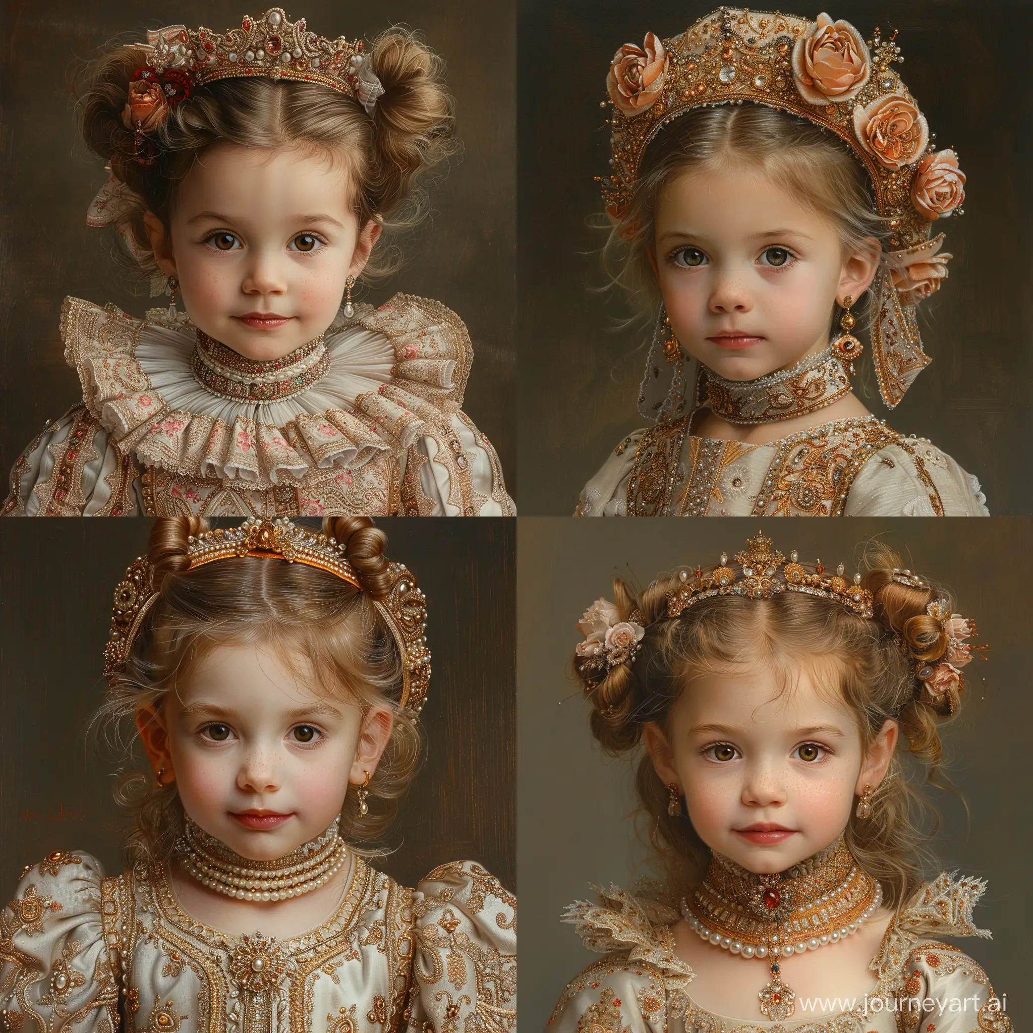 oil portrait painting of a little girl
 dressed in an elaborate and ornate costume reminiscent of European aristocracy or royalty from a historical period, the Renaissance  era.  --style raw --stylize 750 --v 6