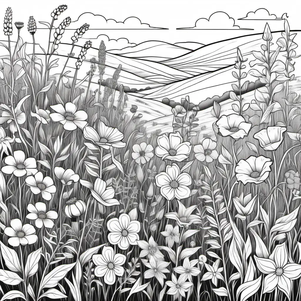 clean coloring book page of a field of wildflowers with a variety of vibrant colors, black and white
