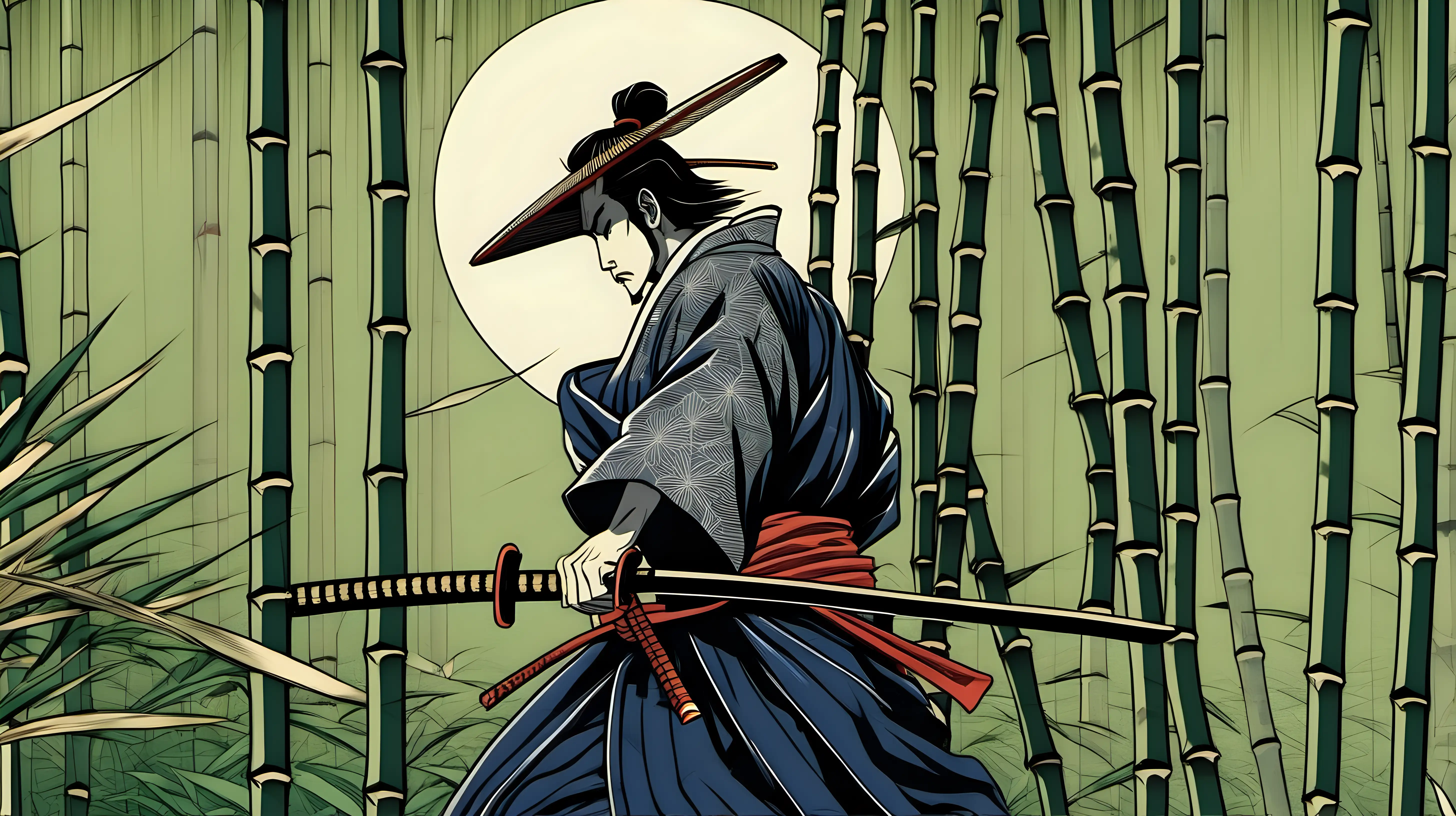 Ukiyo-e  Style artwork of a samurai in the bamboo forest. close up shot 