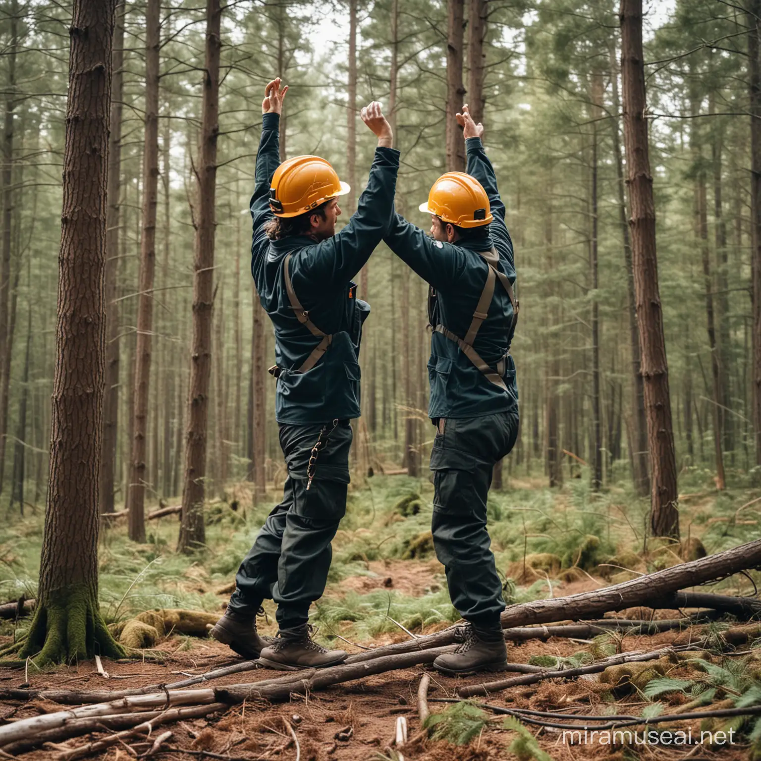 A forest worker standing with the back bent forward and twisted sideways, two hands raised in the air, two legs bent and pulling a cable attached to a leaning  tree felled in the forest.