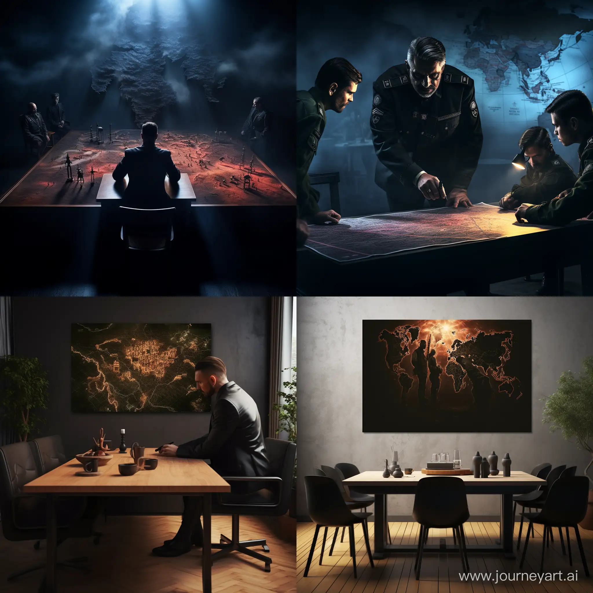 A shadowy mysterious man planning a invasion on a big map placed on a table with his generals, digital art, canvas painting 