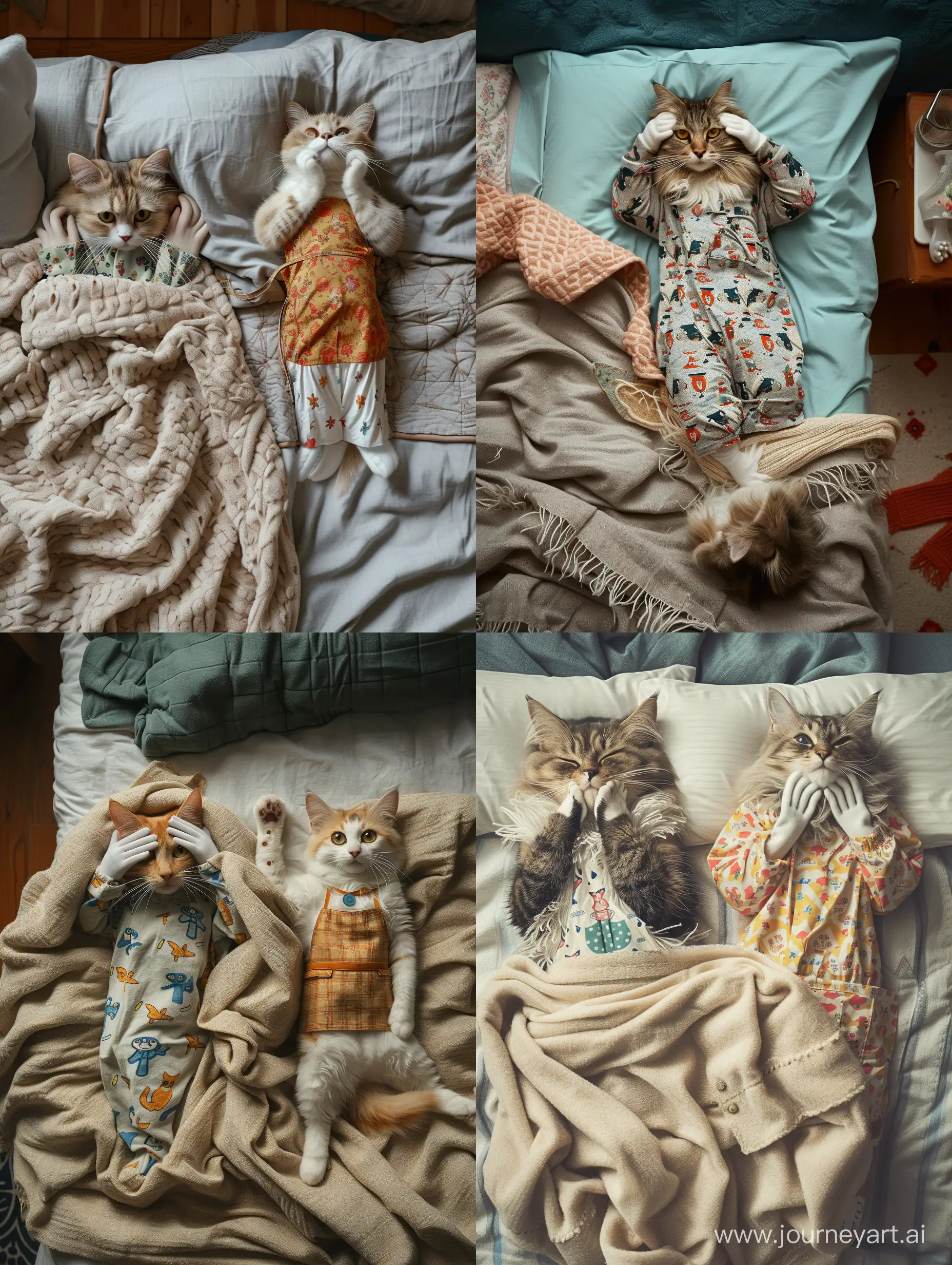 一只真实的猫咪穿着睡衣盖着被子躺在床上，双手捂着耳朵，另一只真实的猫咪穿着围裙在房间里打扫卫生