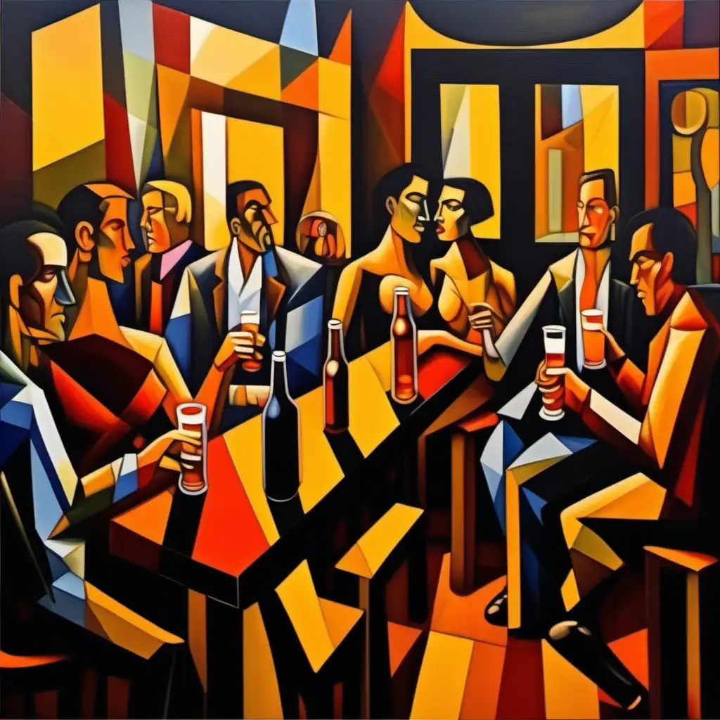 An oil painting inside a bar with numerous people drinking beer and wine in the evening In the style of Rafael Albuquerque cubist overlay with tints of 
Red, orange, and dark yellow 