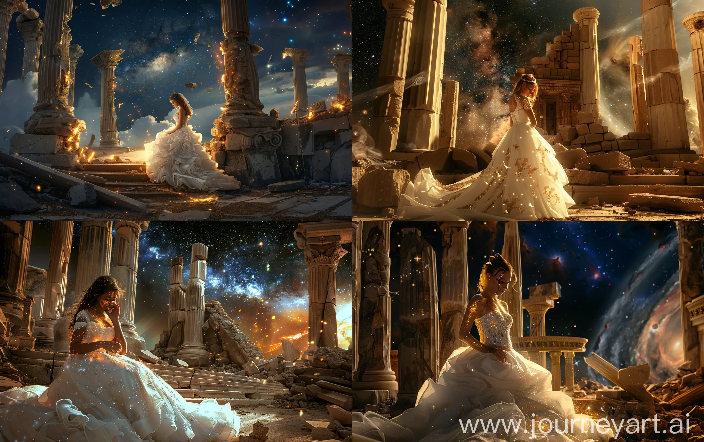 an attractive young bride in white glowing wedding dress and golden skin stays alone in a huge temple of immortal gods, she is sad, partially destroyed columns and the altar, the sky is as dark deep space with galaxy and nebulas, realistic --ar 16:10