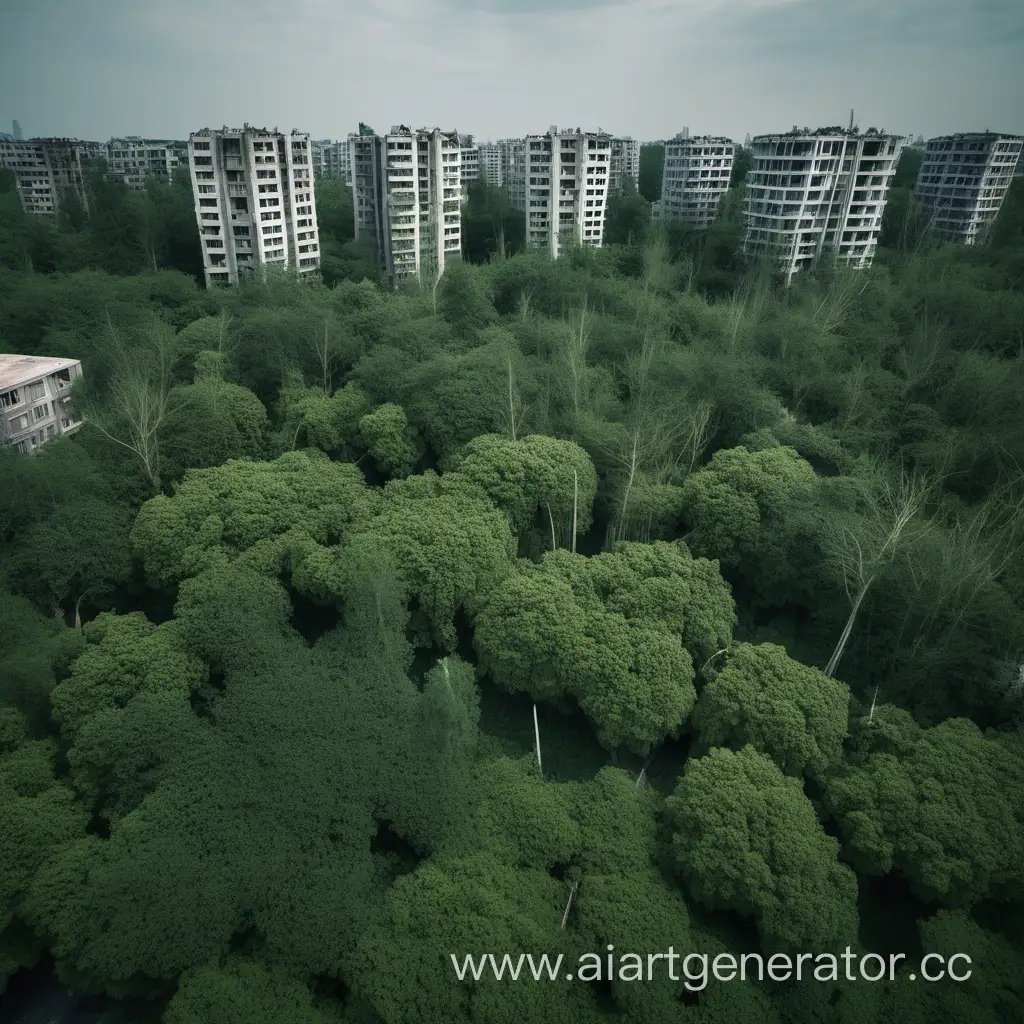 Разрушенный современный город зарастает лесом, рядом с домами растут деревья
