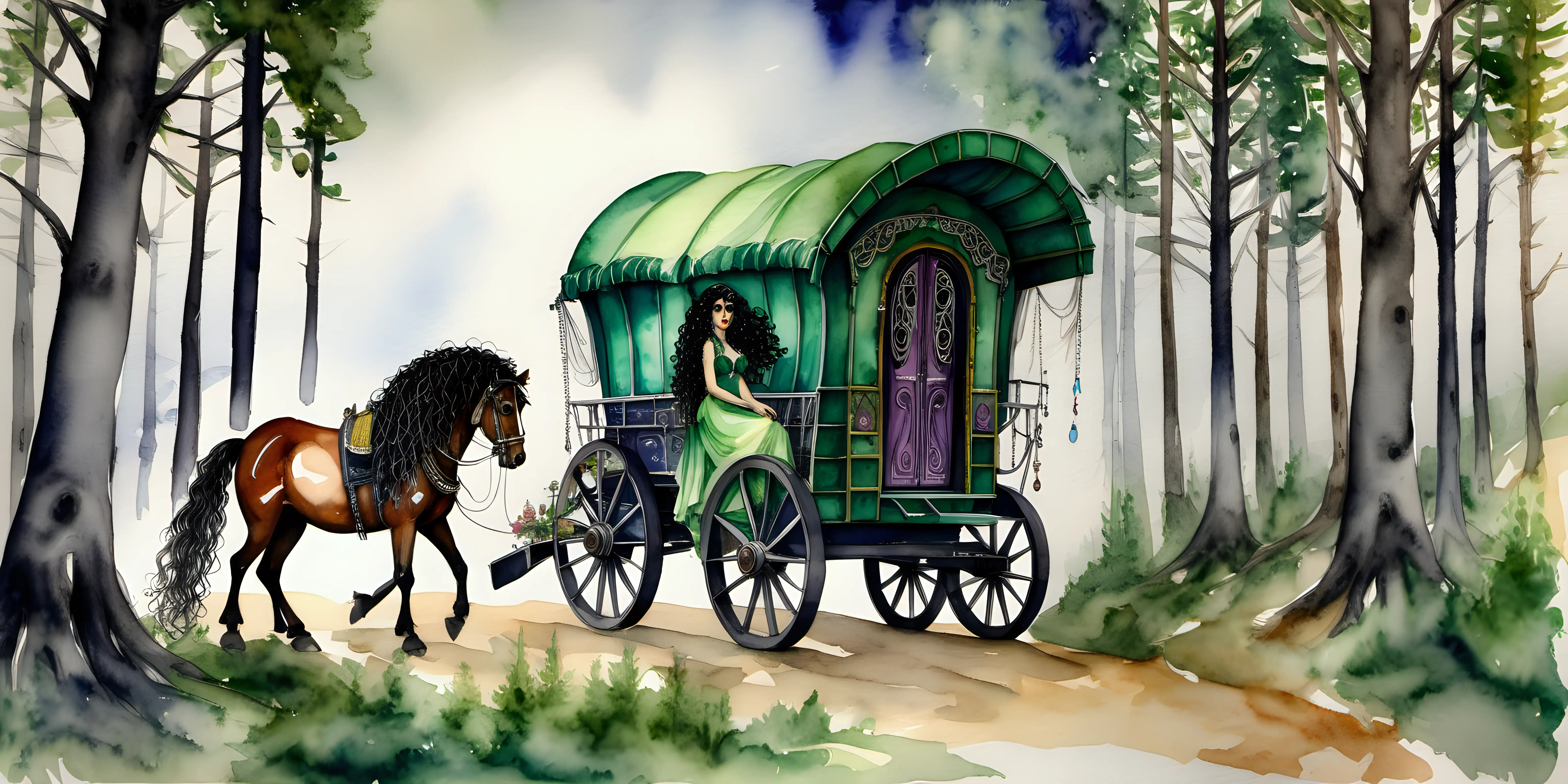 a watercolour painting of a gypsy wagon is in the pine forest with gypsy horses, gypsy woman with long black curly hair with green eyes, she has mascara & eyeliner, ,she is wearing emerald earrings & necklace 