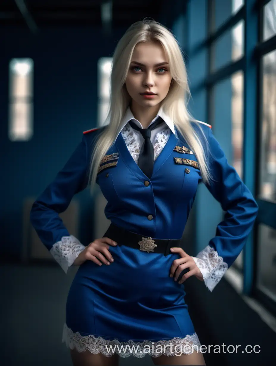 Photo of a beautiful Russian model looking at the camera, full body, wide shot, detailed skin, film photography, perfect body, realistic, sharp focus, very detailed, 4K HQ, depth of field, f/1.2, Leica, 8K HDR, high contrast, shadows, bokeh, platinum blonde hair, blue lace uniform