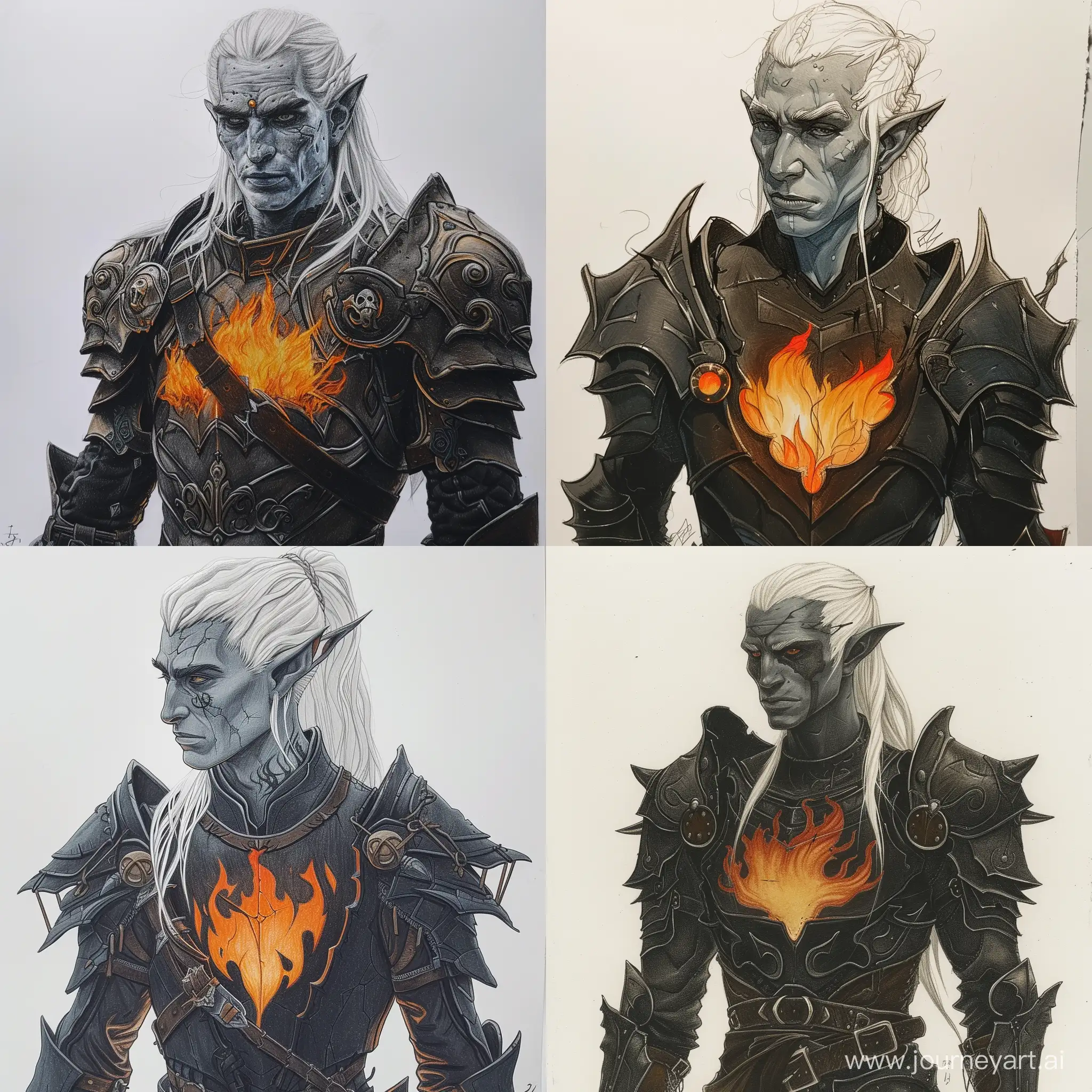 Dark-Elf-in-Flame-Armor-Fantasy-Colored-Pencil-Art