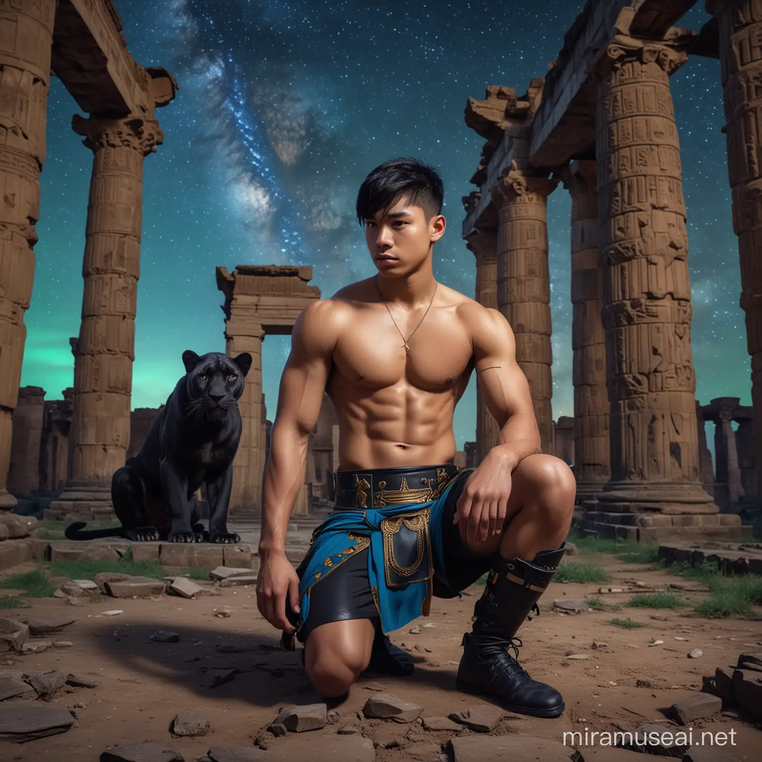 Sexy sweaty muscular young asian teen boy with undercut hairdress, crouching near huge black panthers. Dressed as a roman soldier shirtless. In the ruins of a egyptian temple. At night. The sky is full of stars with a huge galaxy. Blue and green neon colors ambient.