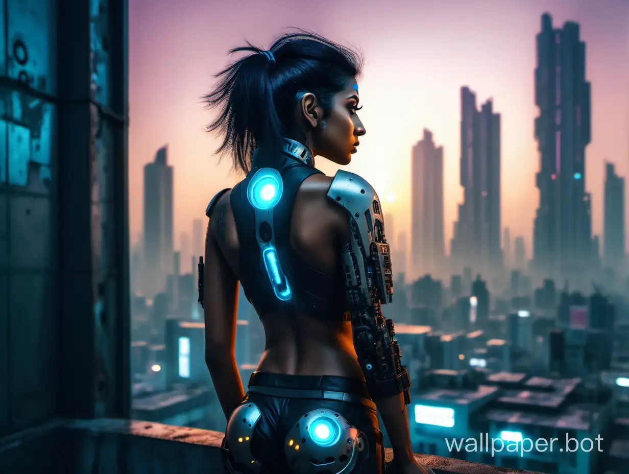 Indian Female 26 years old Standing edge of Cyberpunk building in Sunrise morning at Cyberpunk City, Glowing half humanoid body, back view