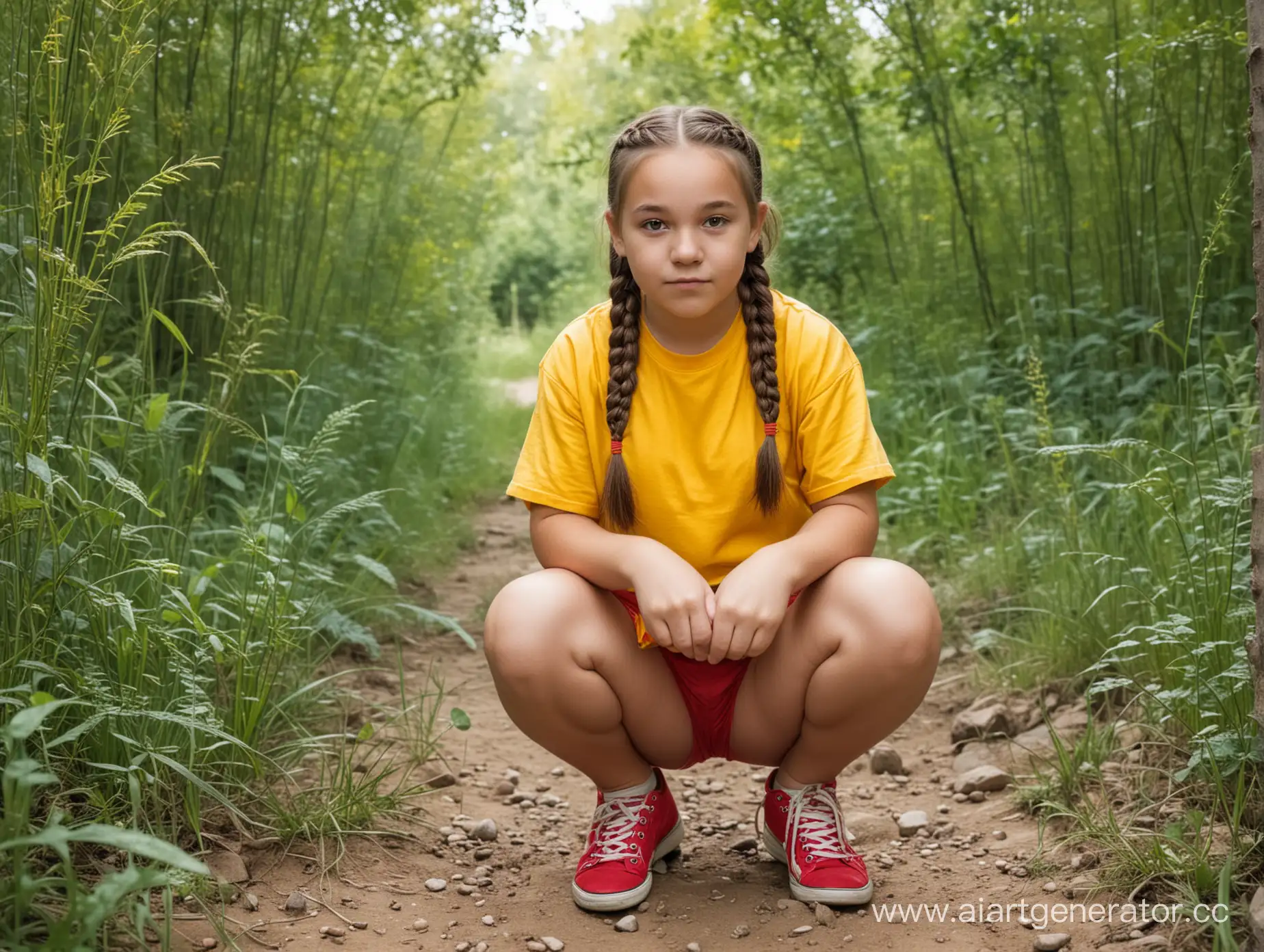 Слегка полноватая девочка 12 лет с двумя косичками, круглым лицом, одетая в жёлтую футболку и красные шорты, сидит на корточках на природе. Вид спереди