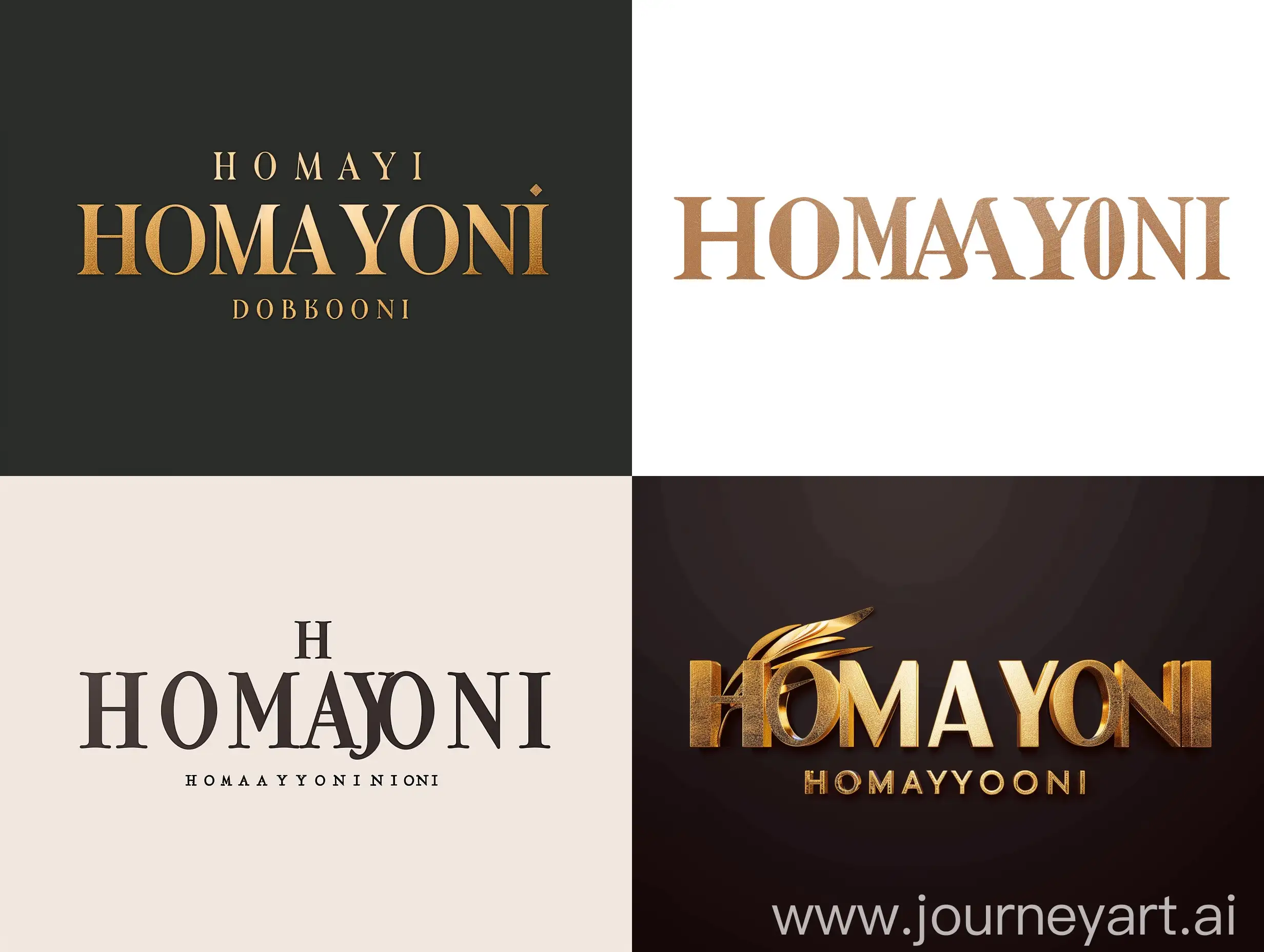 Sure! Here is a brief description of the logo design with the text "HOMAYONI" in large English letters:  Title: HOMAYONI Logo Design Description: The HOMAYONI logo features the name "HOMAYONI" prominently displayed in bold, elegant English letters. The design exudes a sense of sophistication and modernity, making it visually appealing and memorable. The sleek typography and clean layout enhance the overall aesthetic of the logo, making it suitable for various applications such as branding, marketing, and promotional materials.  I hope this description captures the essence of the logo design. Let me know if you need any further details or modifications.