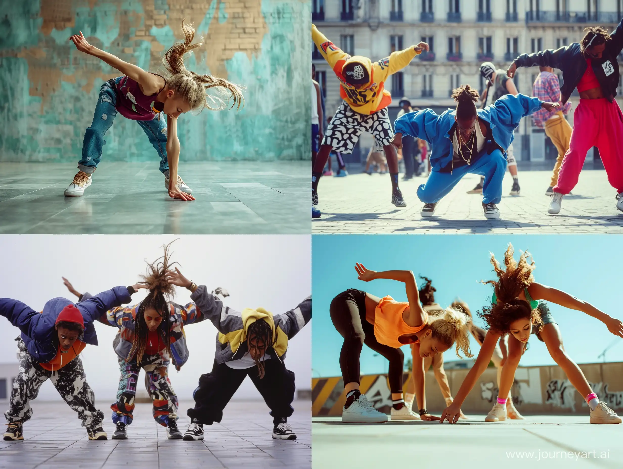 Create pictures of the 90s: a sporty style of street dance, a form of street dance that may involve fast footwork, spinning on your head or back, and balancing on your head or hands.