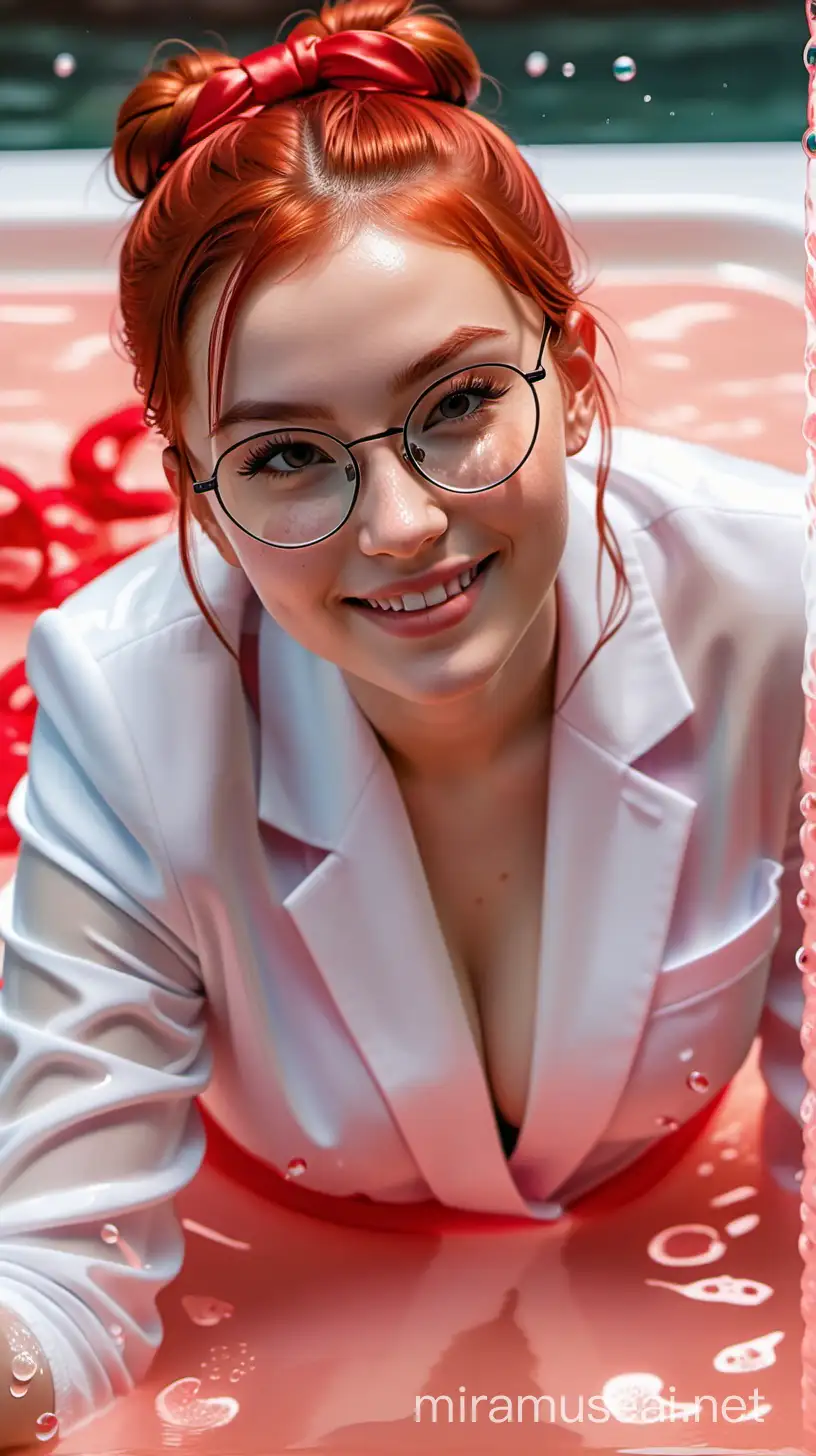 Digital art Realistic, Liquid, 5D, Sharp, smooth, clear, 8K, Detail, 1 Cute 1girl, adorable, red hair tied in 2 buns, glasses, sweet smile, seductive, red lace suit, laying on the wet bed, splash liquid background