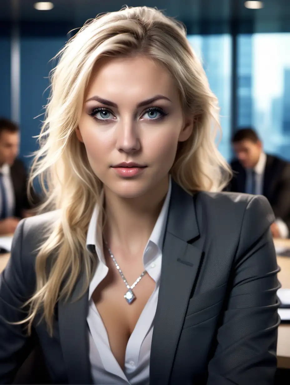 Beautiful Nordic woman, very attractive face, detailed eyes, big breasts, slim body, dark eye shadow, messy blonde hair, wearing a business suit, diamond necklace, close up, bokeh background, soft light on face, rim lighting, facing away from camera, looking back over her shoulder, sitting at a board meeting , illustration, very high detail, extra wide photo, full body photo, aerial photo