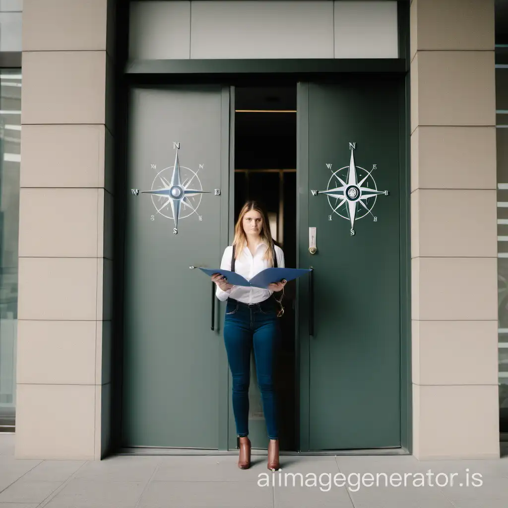young woman standing in front of an office door with a compass in hand
