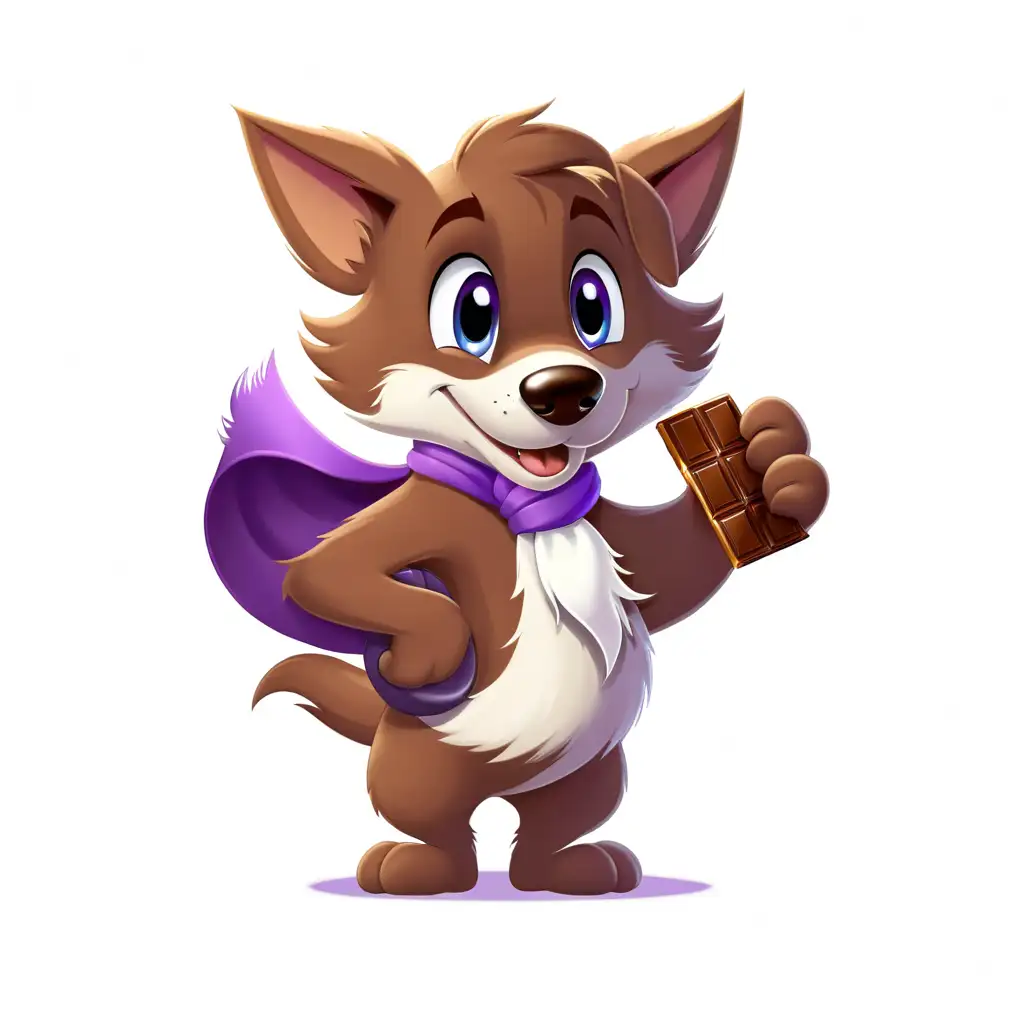 dog with blue eyes, the chest is white, he is dressed with a large, very long, purple scarf tied around his neck, the ends of the scarf are hanging, In his hand he holds a large chocolate bar

