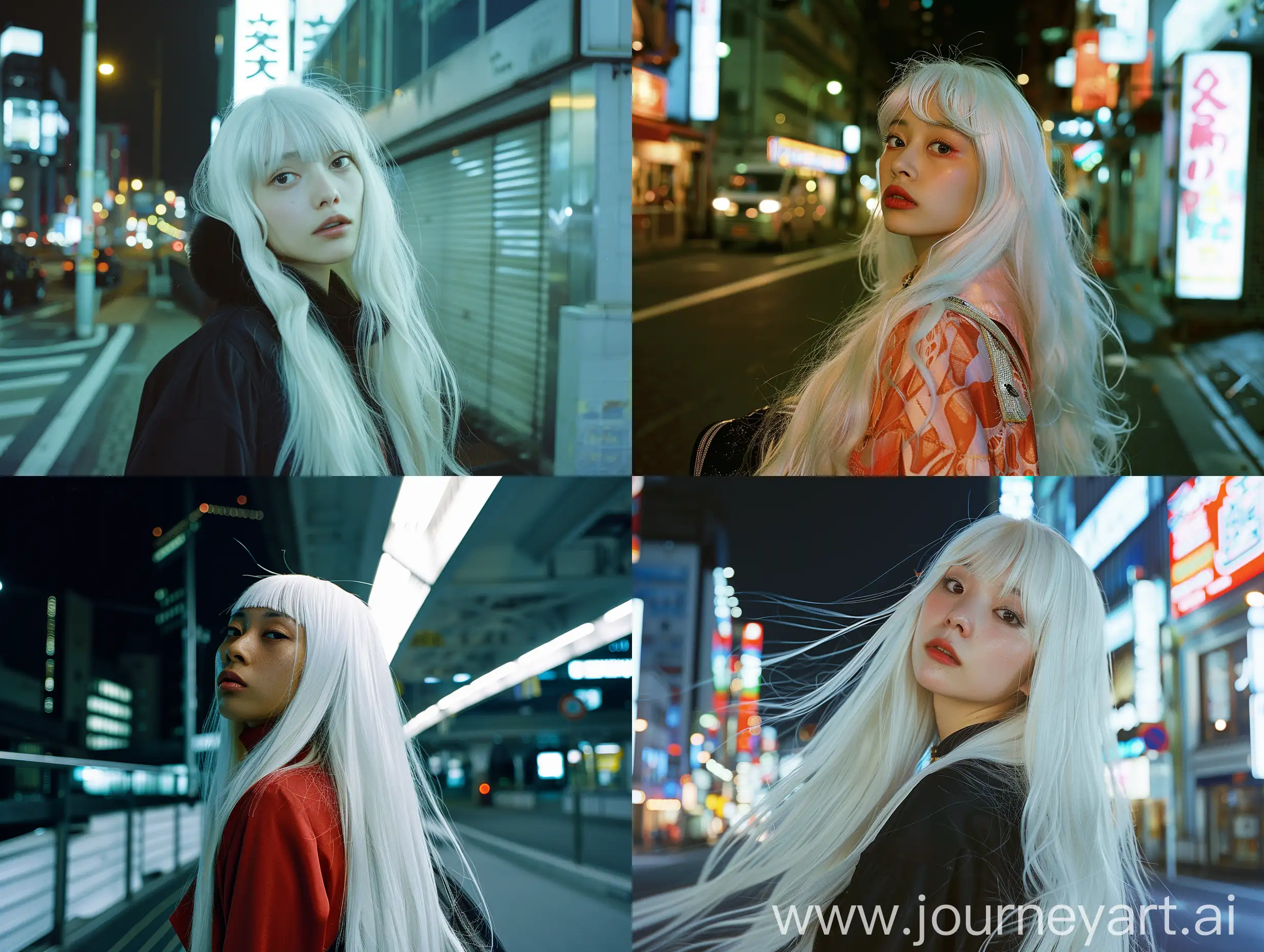 a woman, long white hairstyle, kodak gold200, night time, natural lighting, tokyo, album cover art. photography, futurism outfit,