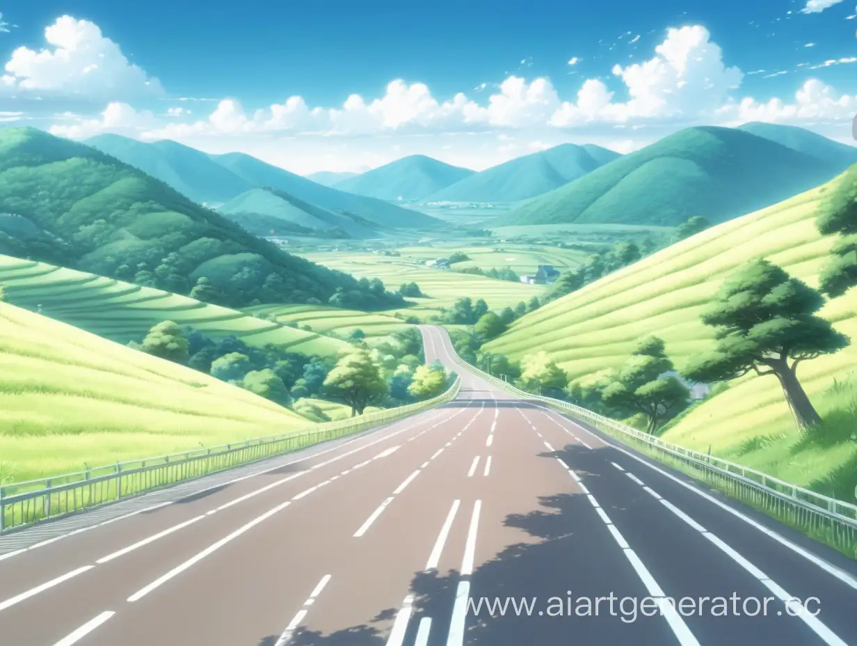 AnimeStyle-Wide-Road-Surrounded-by-Hills-on-a-Bright-Day
