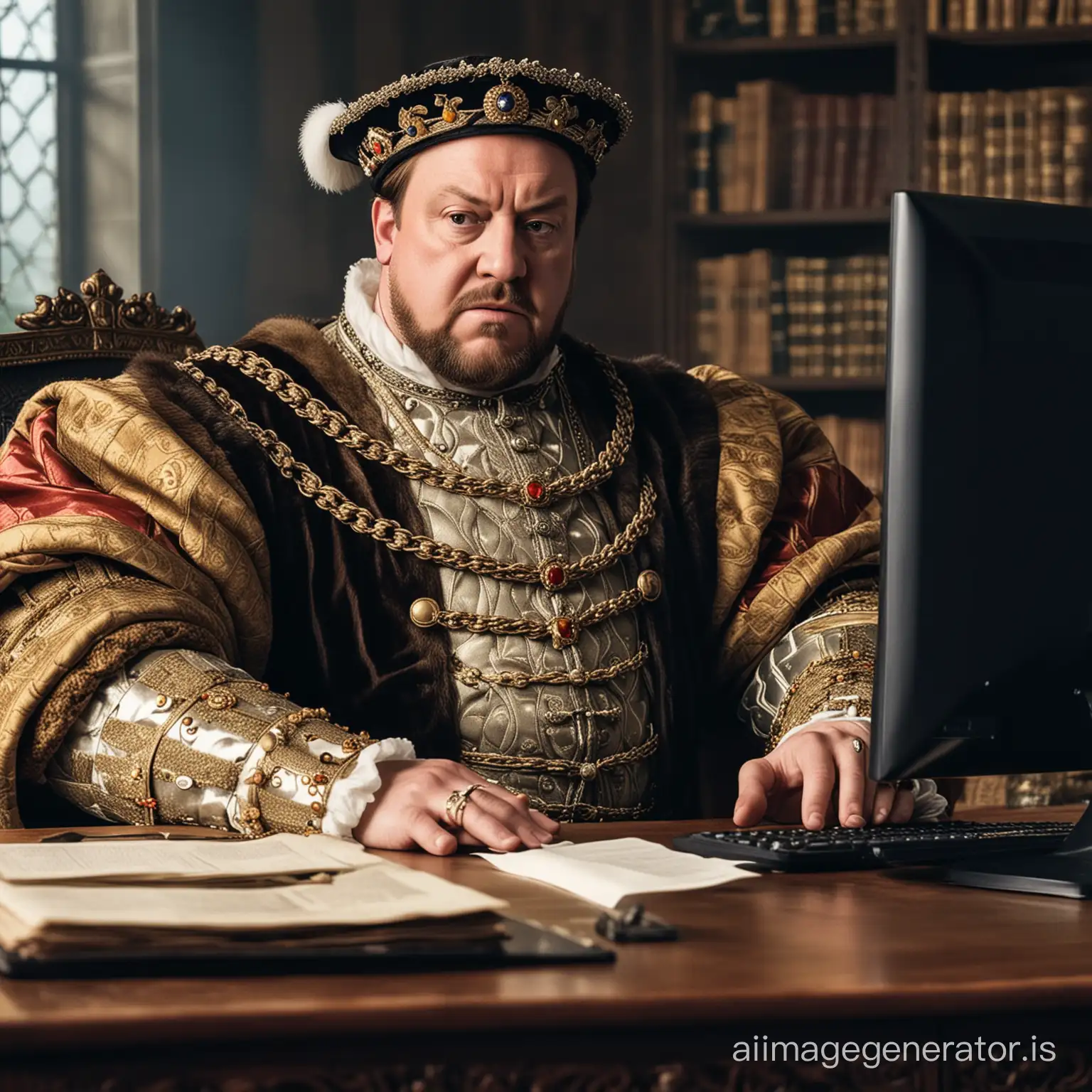 Henry VIII, angry,  Sits at desk, looking at a large computer screen