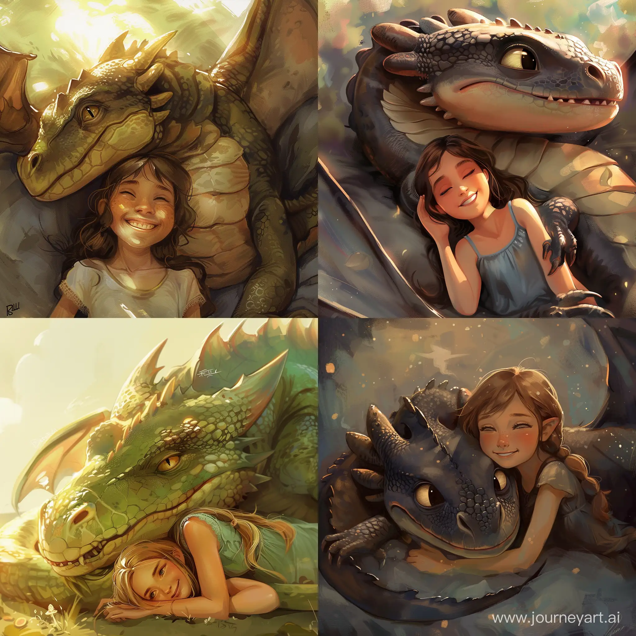 a dragon lying with girl, both smiling --ar 1:1 --v 6
