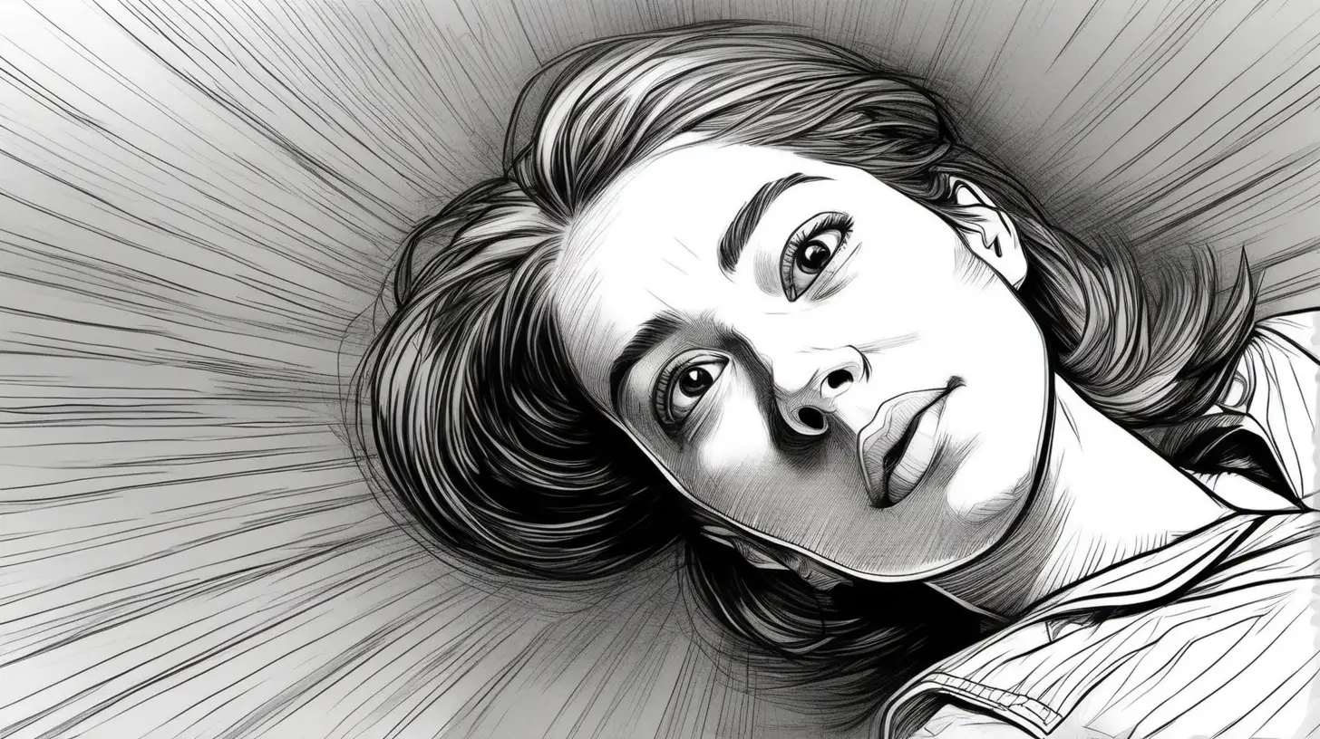 A birds eye view angle of a young woman's face looking up at the ceiling in a black and white sketch style