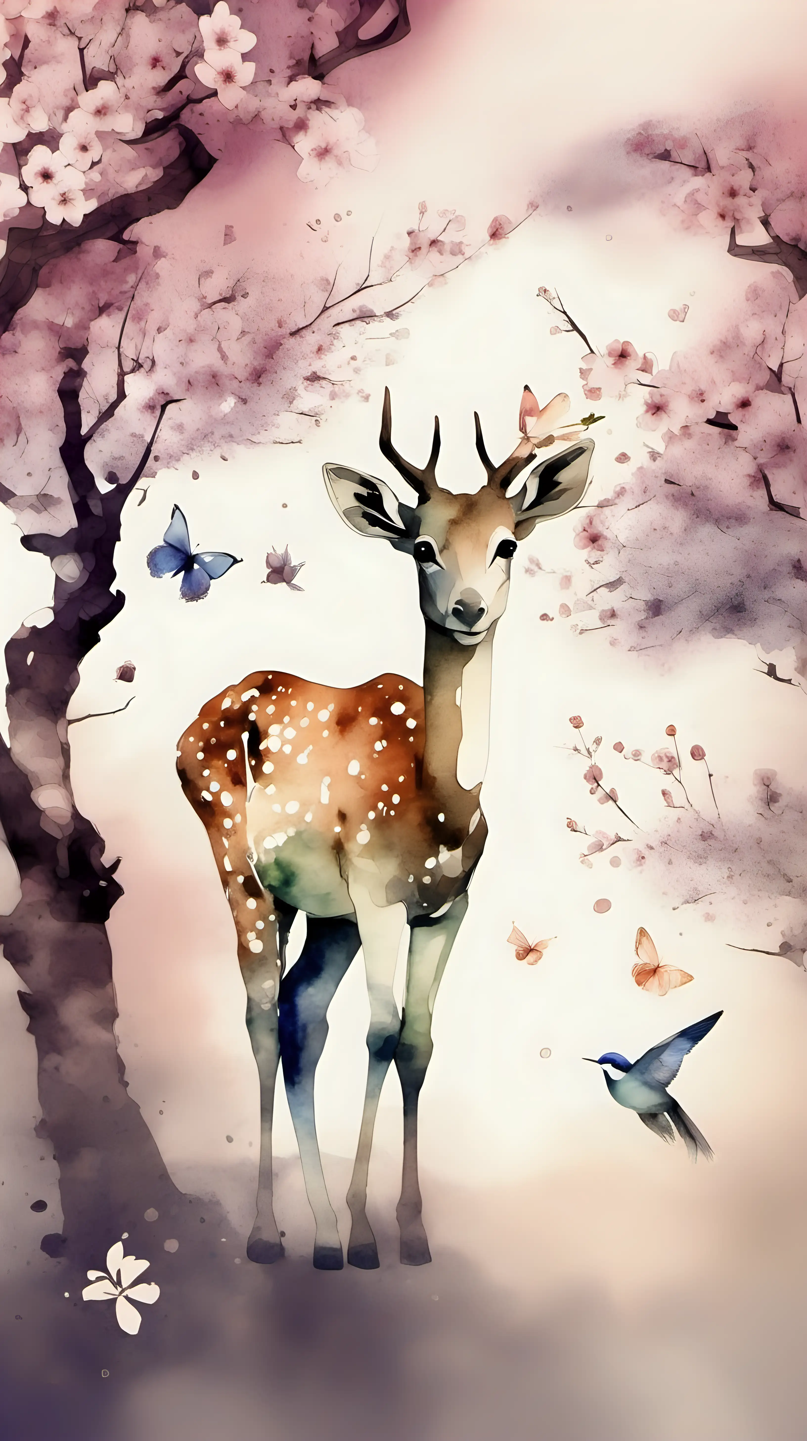 Watercolor Animal with Blossom Trees Serene Wildlife in Floral Harmony