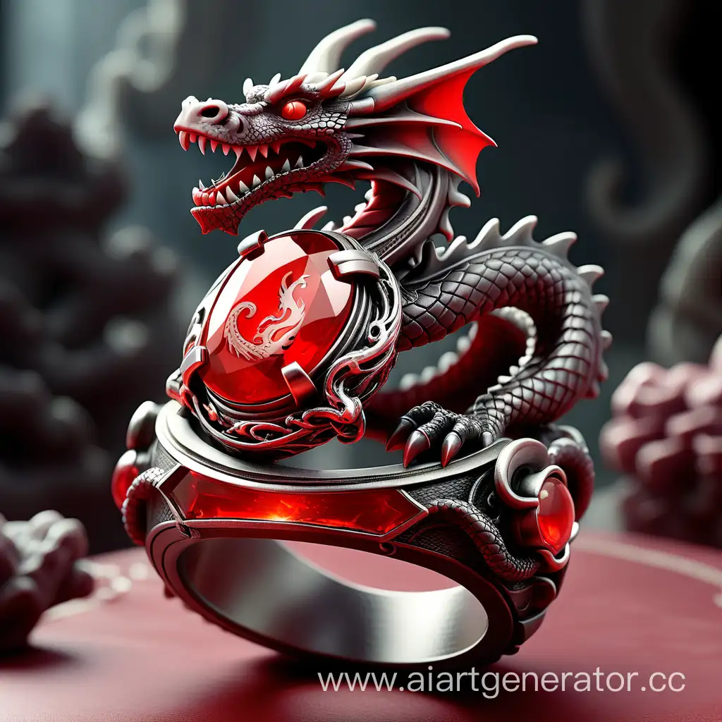 Кольцо краснсого цвета с драконом наверху 