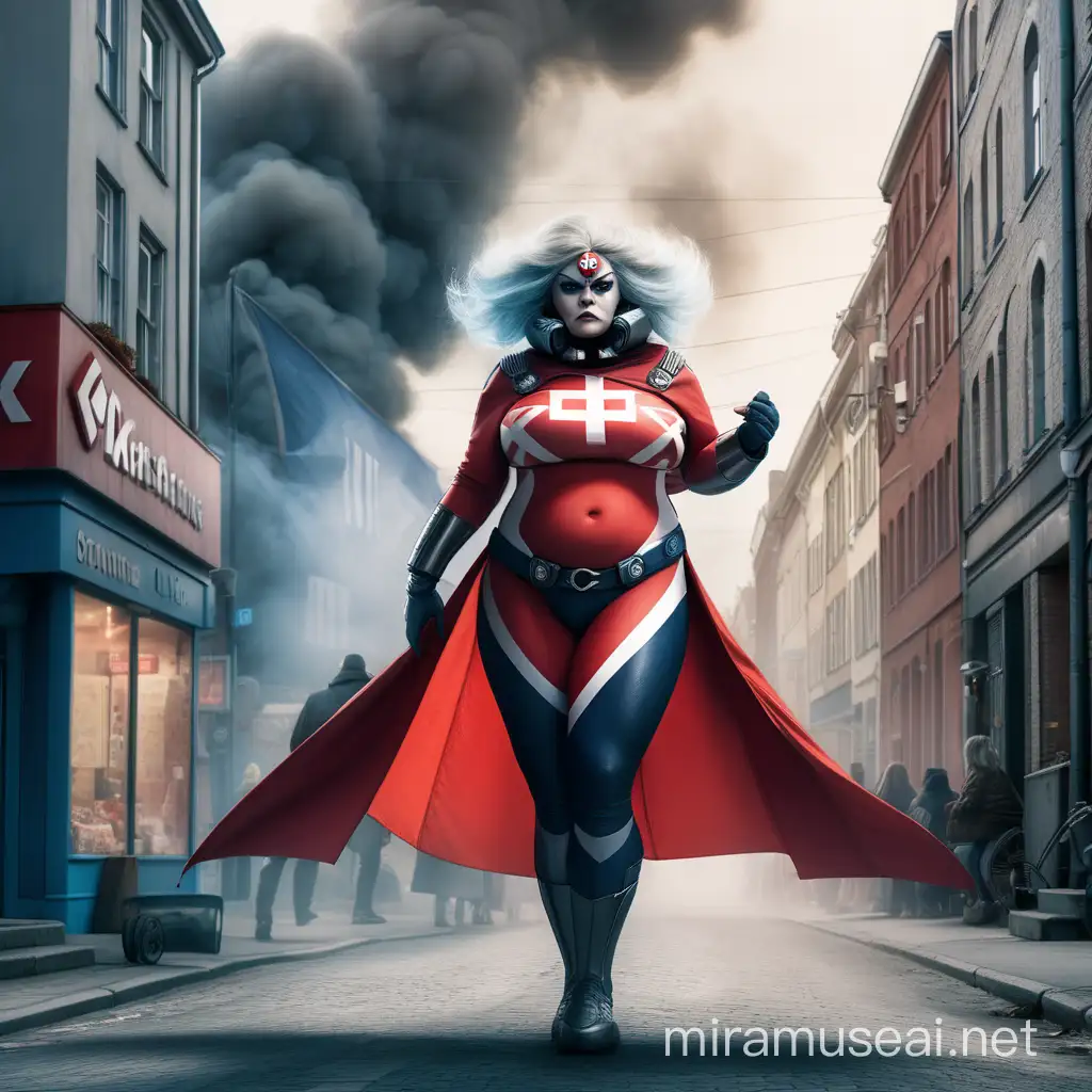 A futuristic picture of a large and fat danish supervillain called Storekvinne. Her name and a danish flag should be on her costume. She stands on a side street in a futuristic city, with smoke and a mysterious feeling. In a DC comic style, 4k.
