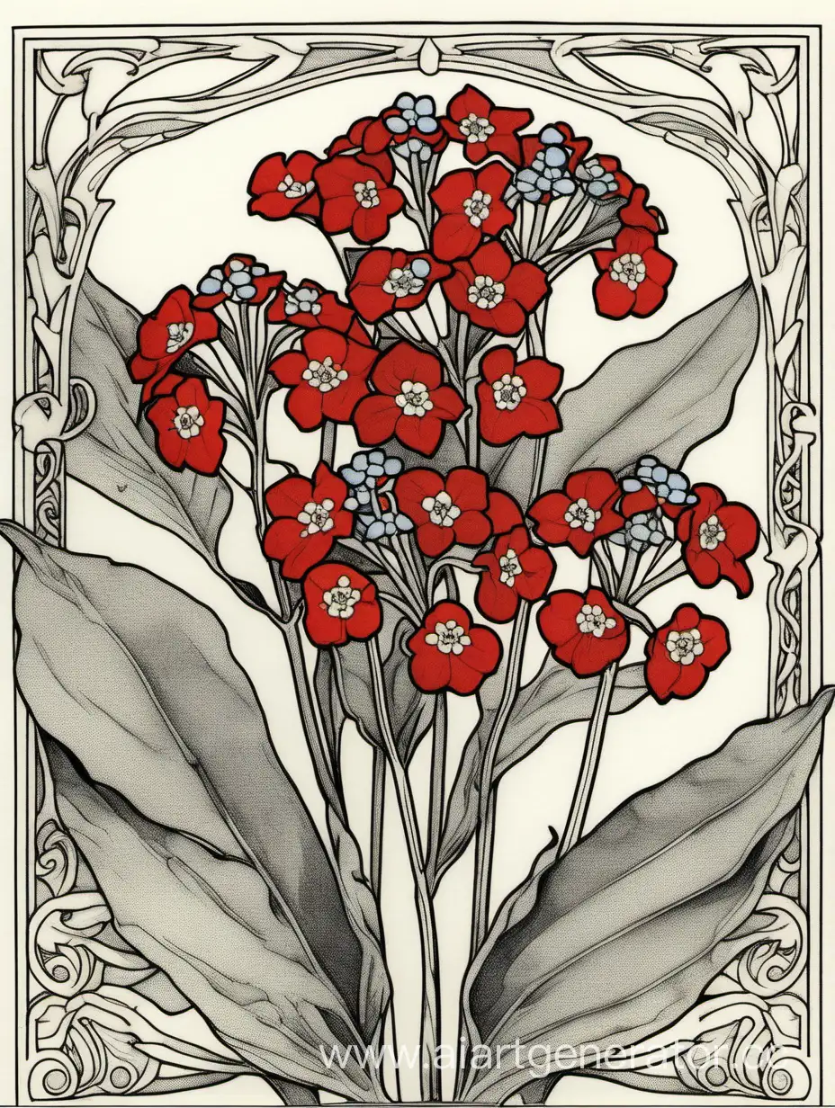 Elegant-Red-Myosotis-Floral-Illustration-Art-Nouveau-Pen-and-Ink-Drawing