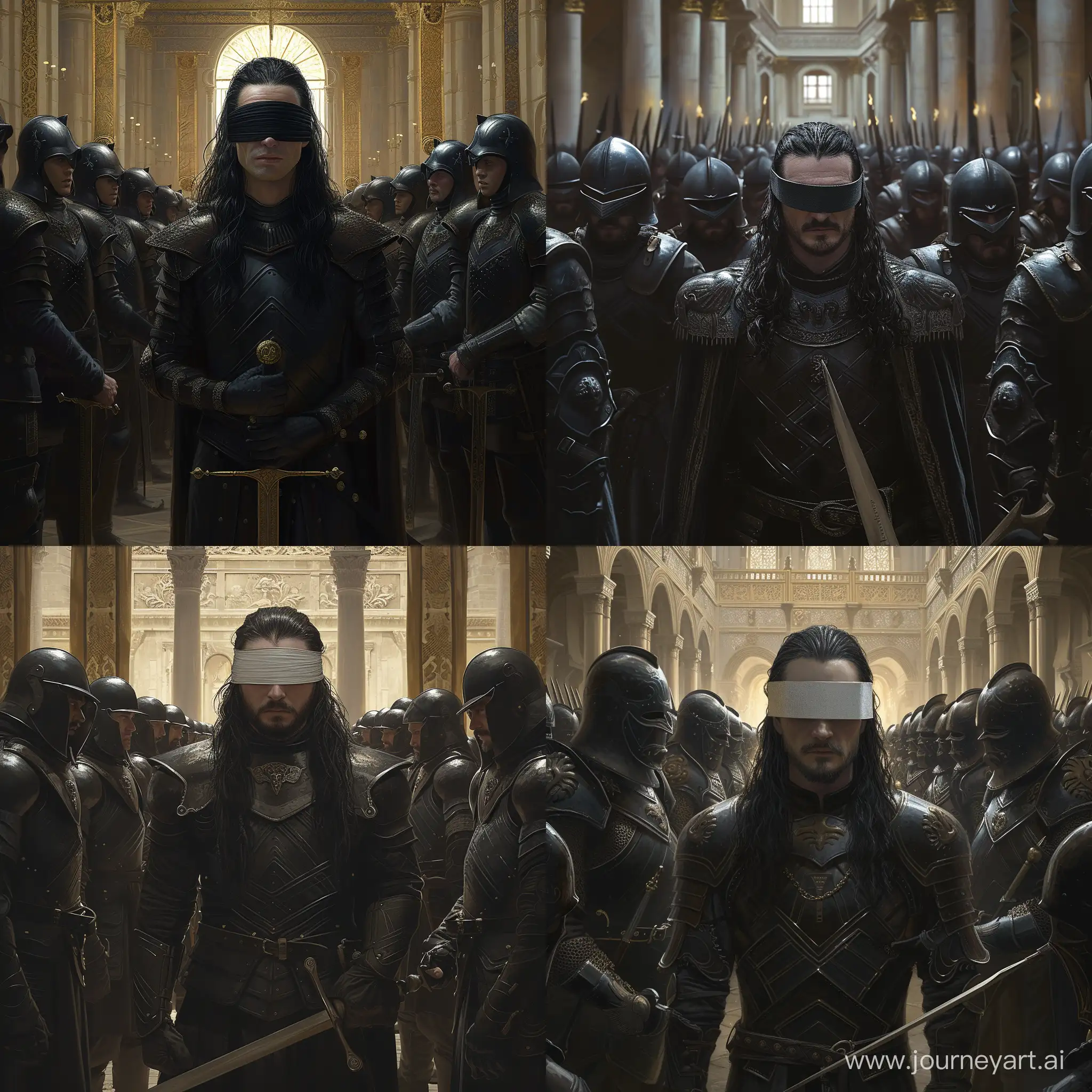 ASOIAF Euron Greyjoy with blindfold on both eyes is surrounded with his guards in black armor. They are standing in the hall of a great castle. There is a valyrian sword in his hand. His long black hair is touching shoulders