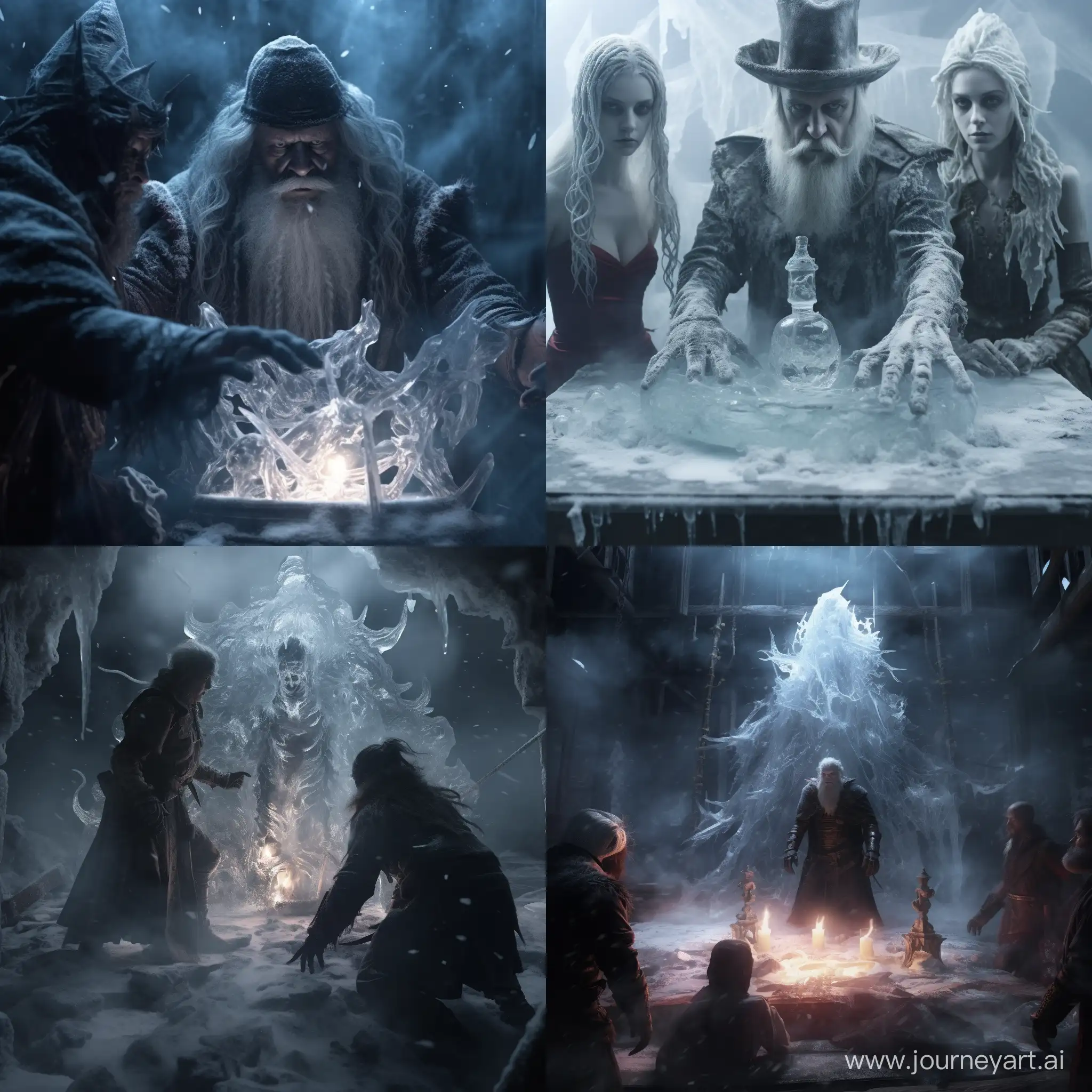 Wizards and witches frozen under a block of ice, whilst casting spells, realism, brutality, 4k