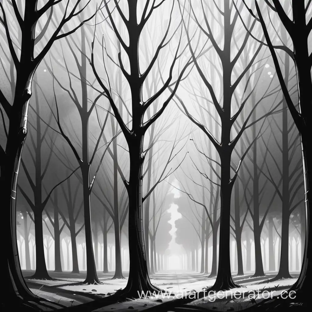мрачные деревья черно белые в комиксном стиле