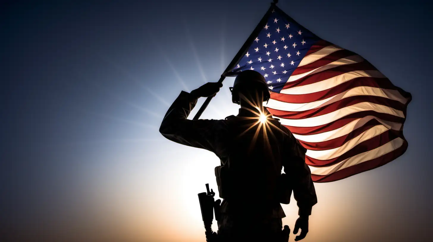 Patriotic Soldier Silhouette Holding Glowing American Flag