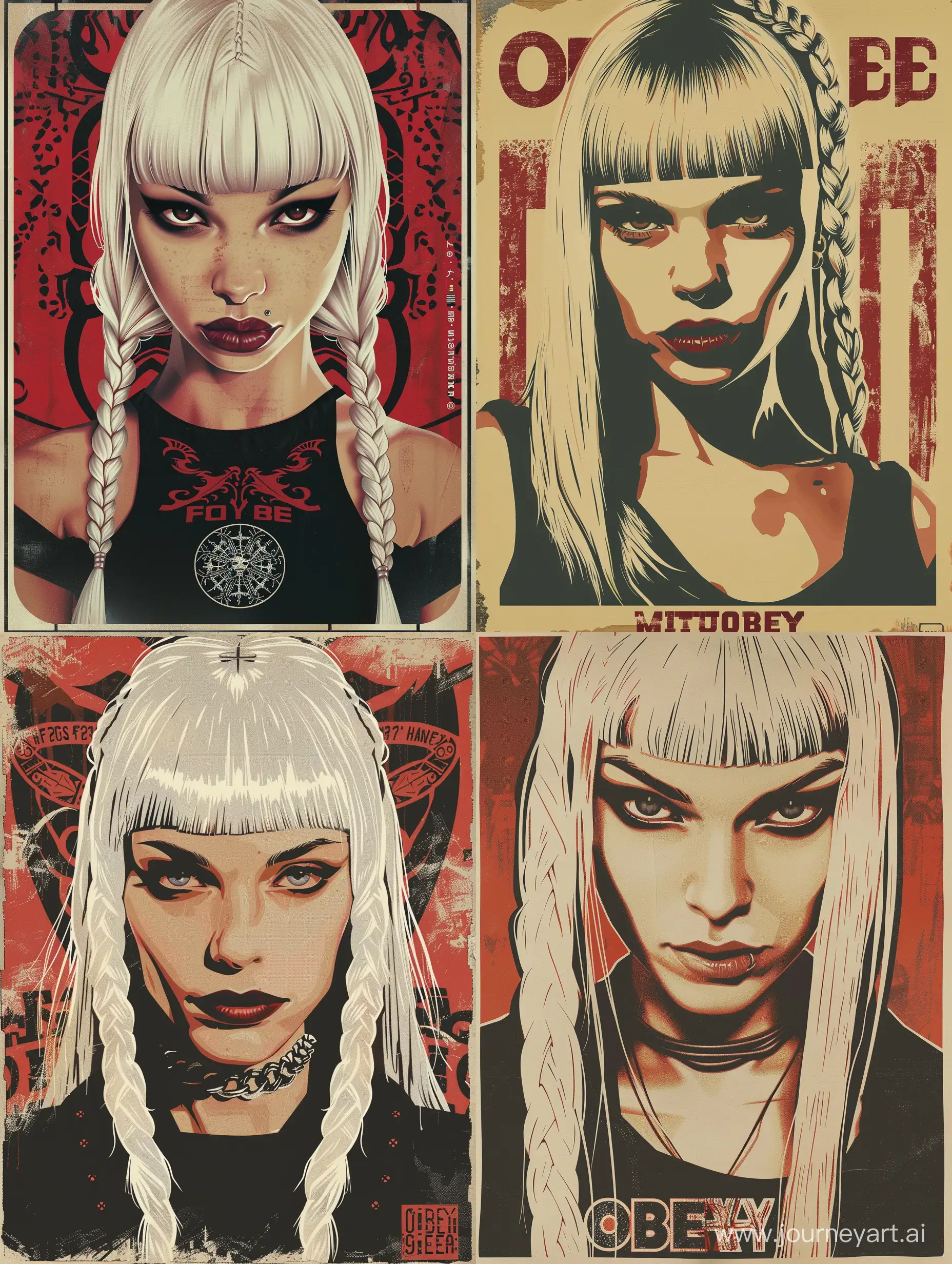 девушка punky style белые волосы челка и косички плакат в стиле OBEY Shepard Fairey