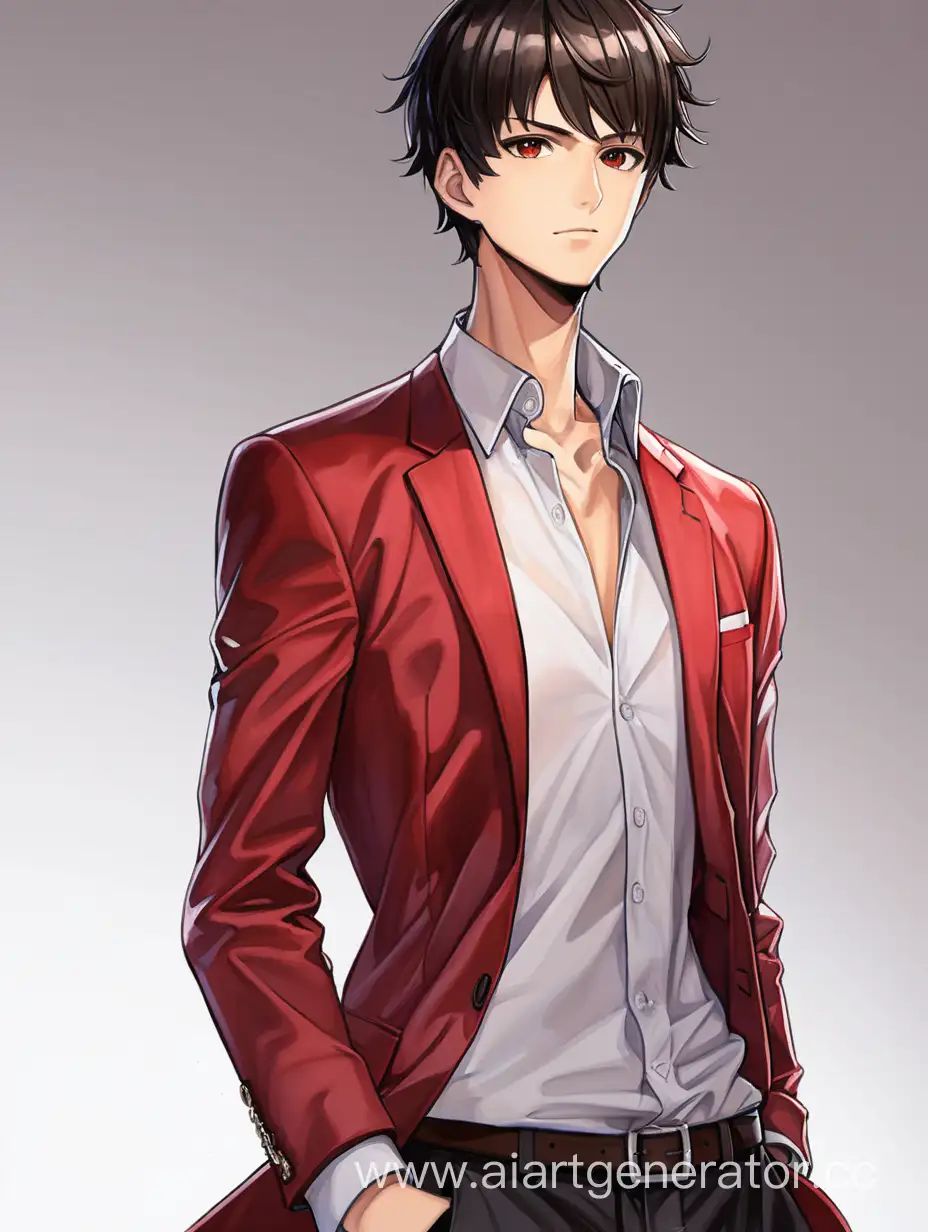 Guy, tall, short dark hair, in a red business jacket, brown eyes, white shirt, anime style