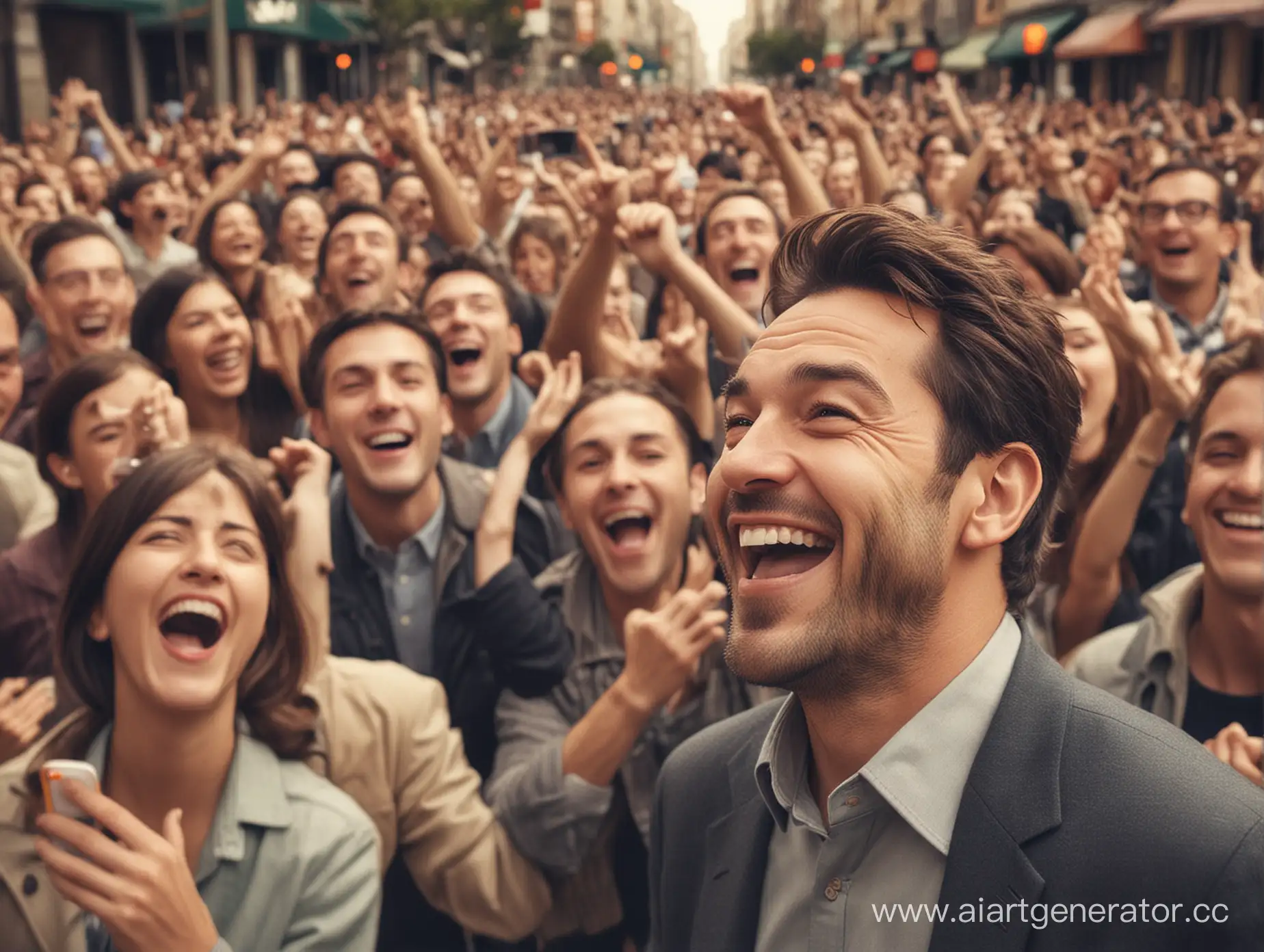Laughing-Man-Surrounded-by-Joyful-Crowd-Candid-Moment-Photography