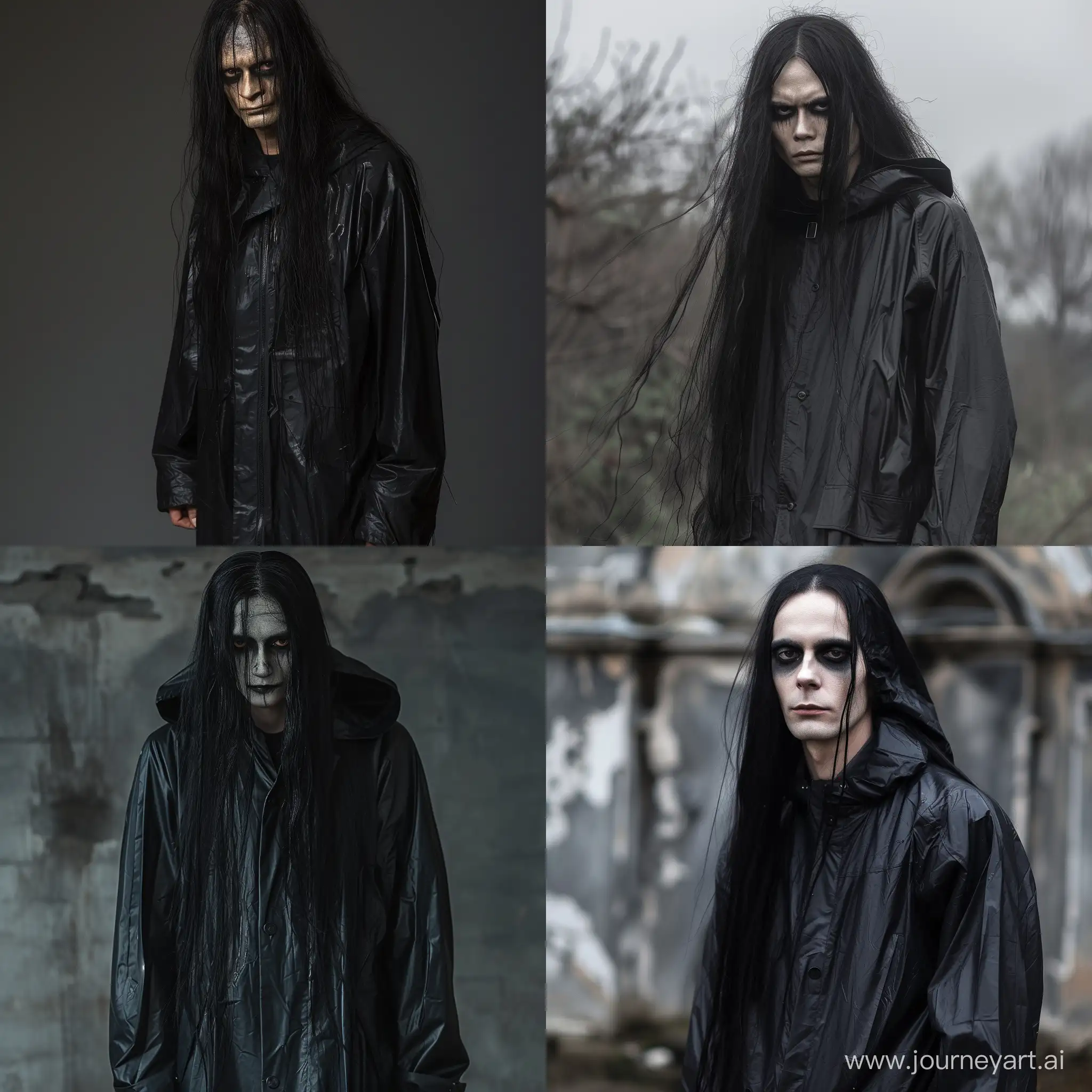 A man, a necromancer. Pale skin color, long black hair, black eyes, height 180 cm, weight 60 kg. He wears a black raincoat.