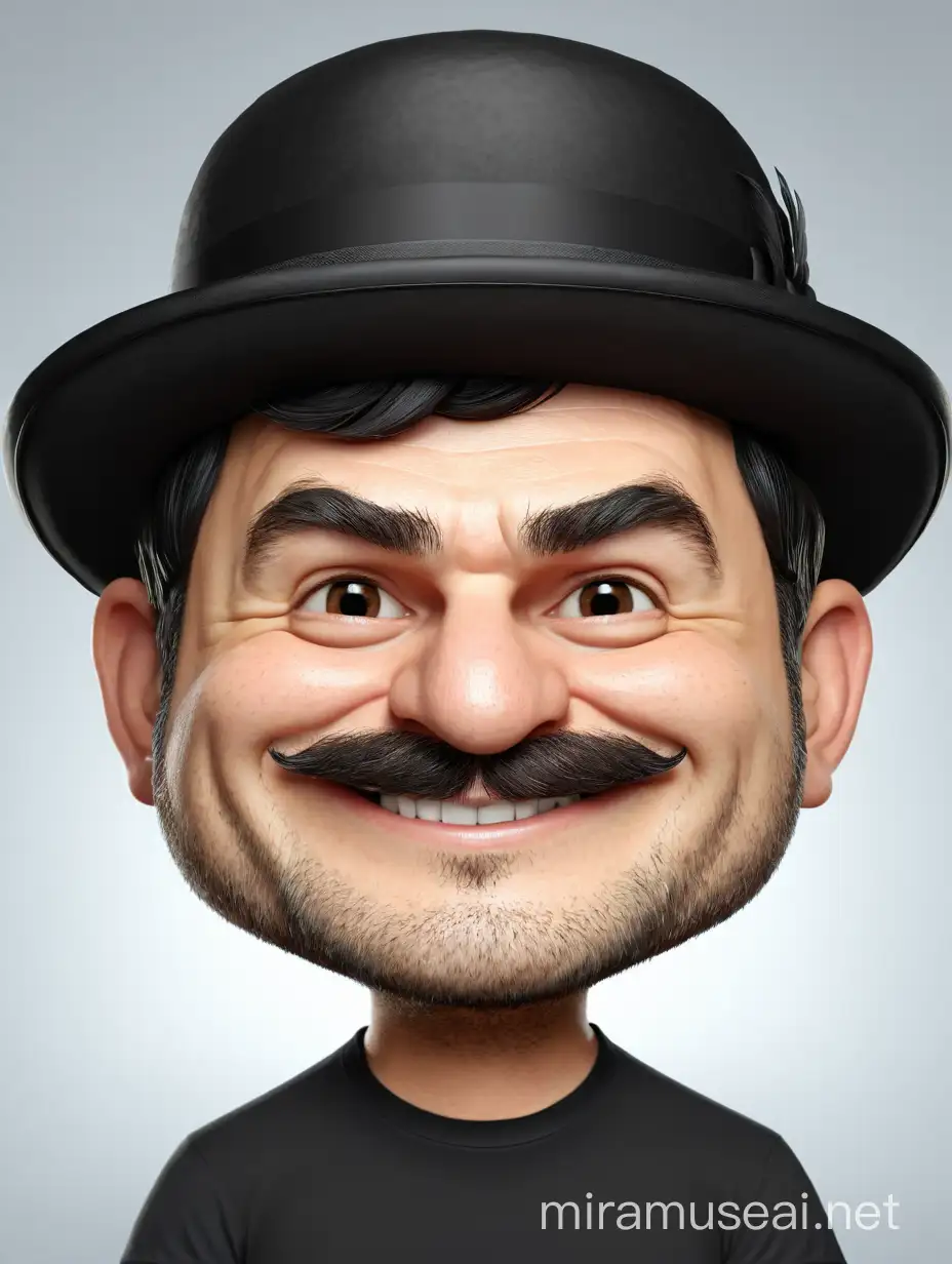 Cheerful Caricature Portrait of a Man with Bowler Hat on Gray Background