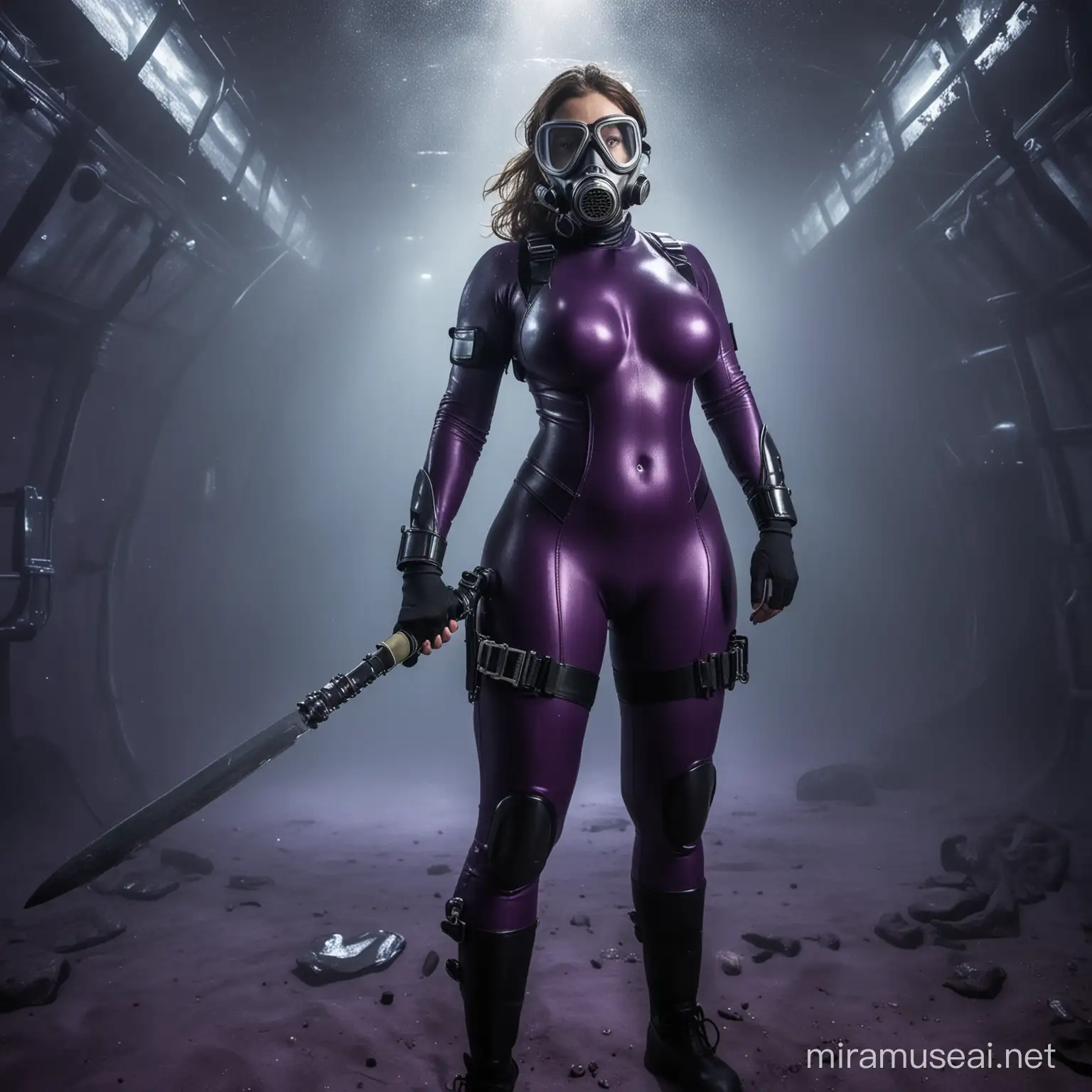 first person view from from view ground level, looking up at a sexy curvy female scuba diver in full body purple spandex, standing sexy pose, big breast, wearing a gas mask, upset face, she holds a knife in one hand
