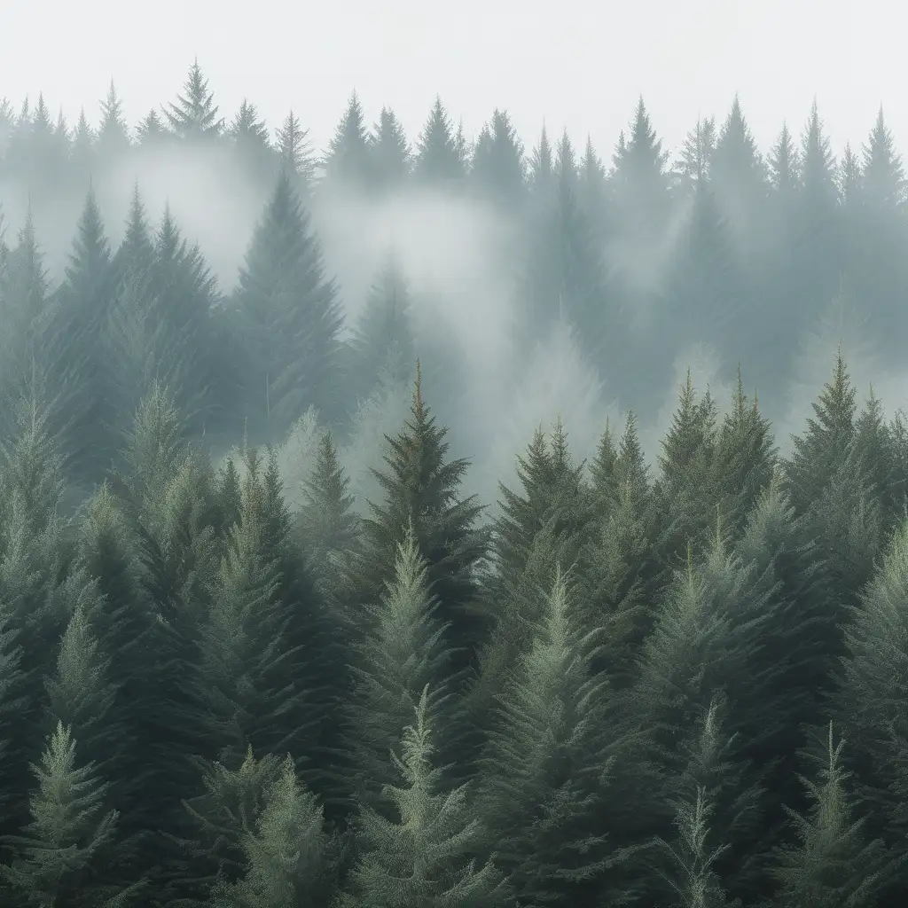 Enchanting Spruce Forest Bathed in Gentle Haze
