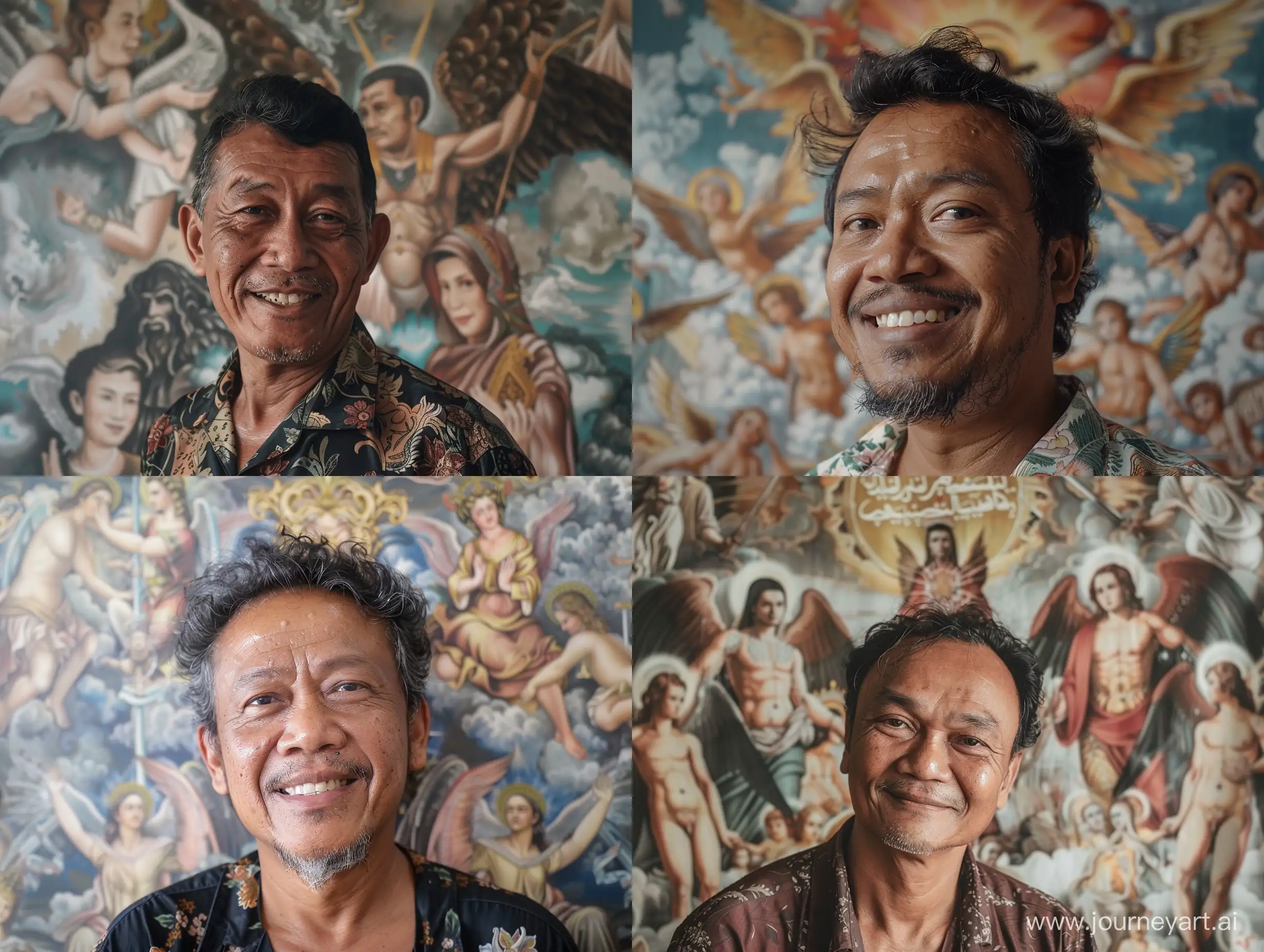 45 year old Indonesian man with a slightly smiling face against a backdrop of illustrations of the Dajjal and angels