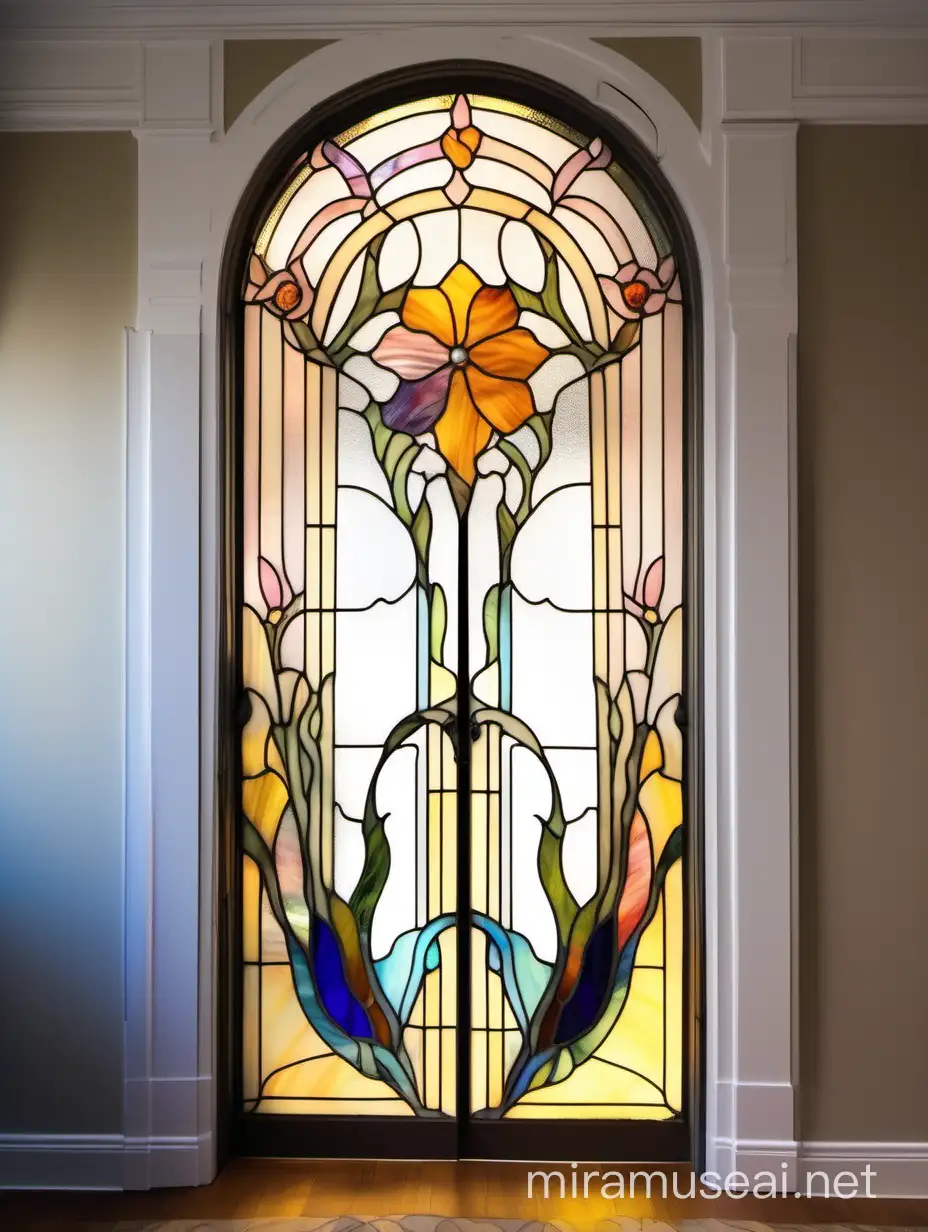 витраж цветочный орнамент, на двери, из желтого, оранжевого, розового, синего и белого стекла тиффани, в стиле ар нуво на фоне штор из белой органзы