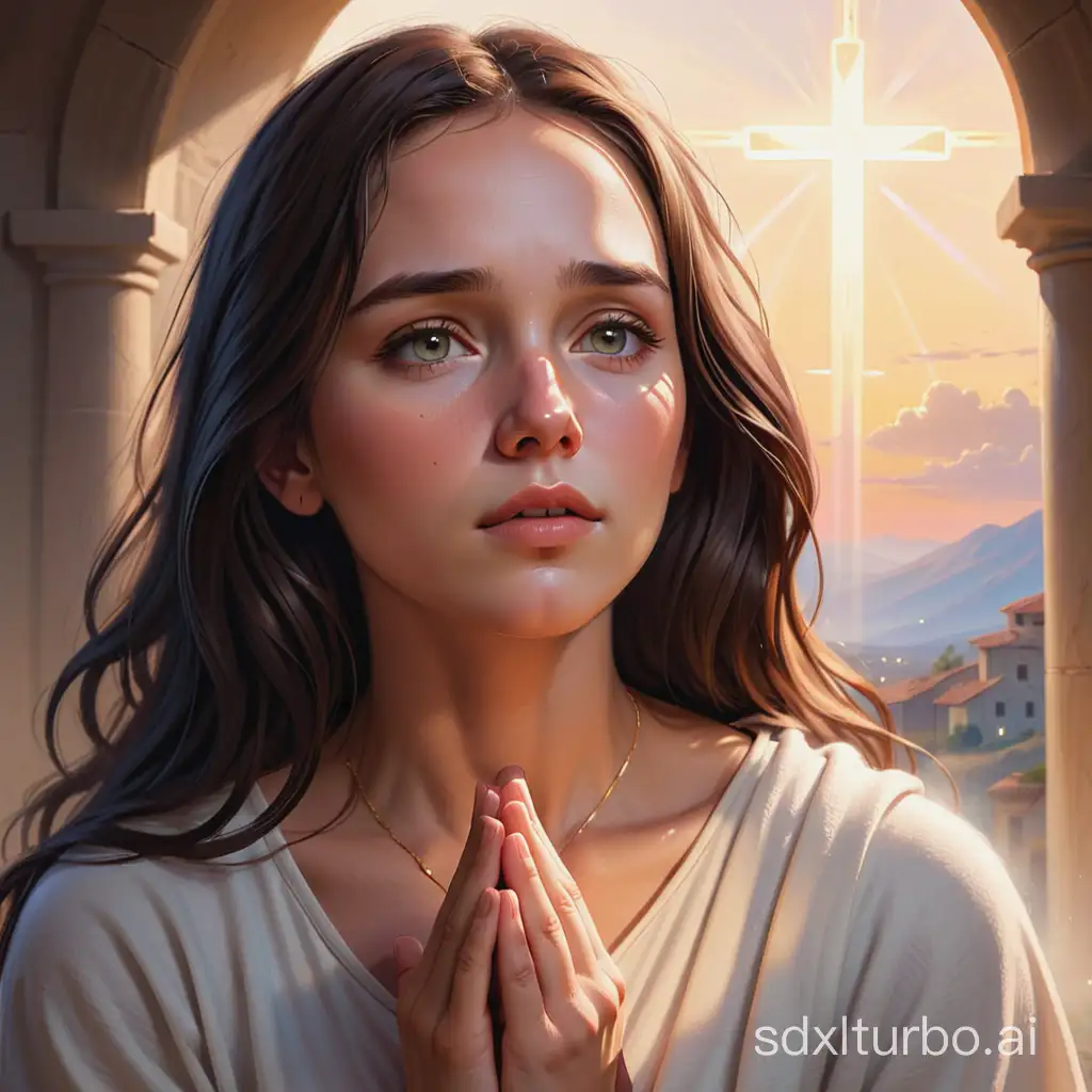 Digital painting Depicting a beautiful woman facing societal pressures and expectations, with Jesus offering solace and acceptance. Show the woman's emotional turmoil and Jesus' unconditional love and grace shining through as a source of comfort and reassurance.