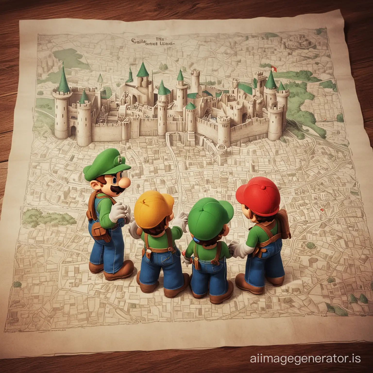 Visual Prompt: Alex, Mario, and Luigi huddle together, discussing their plan of action with a map of the castle spread out in front of them.