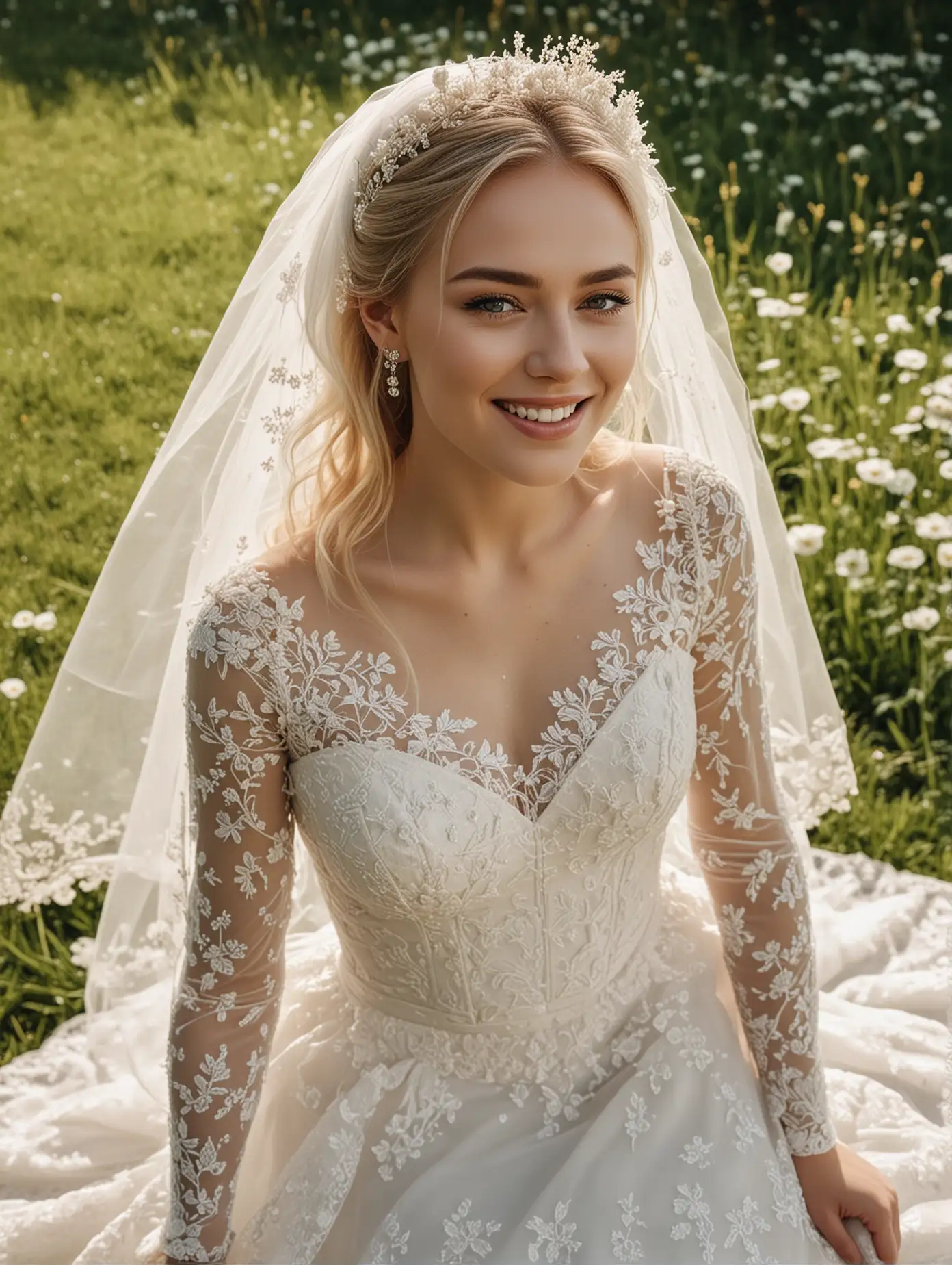 Joyful Nordic Bride Holding Flowers on Grass