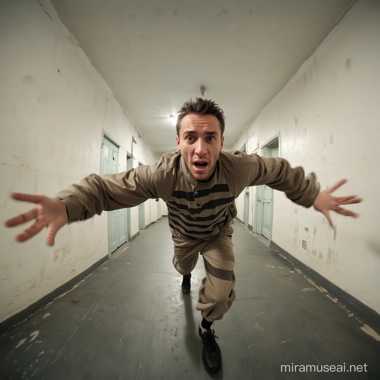 Man in prisoners clothing running away, moving his arms, camera angle slightly up and sideways, fisheye-look