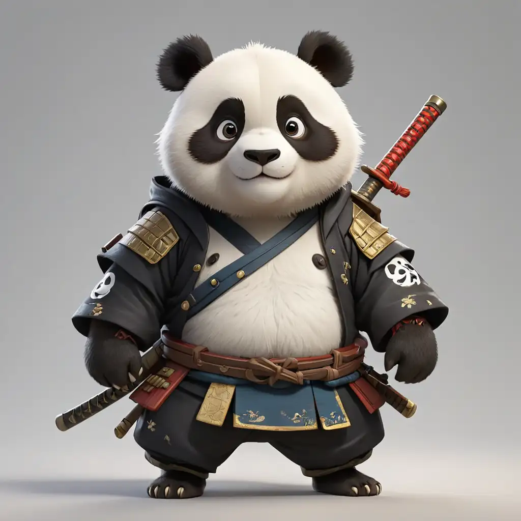 a cute panda in full body cartoon style with samourai clothes with clear background