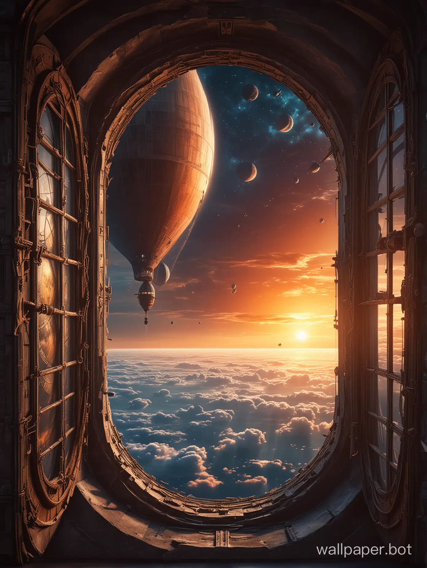 A narrow window into a fantastic space with a planet. Fantastic tower against sunset background. There is an airship with sails in the sky. High resolution. Very definition. Sci-fi.